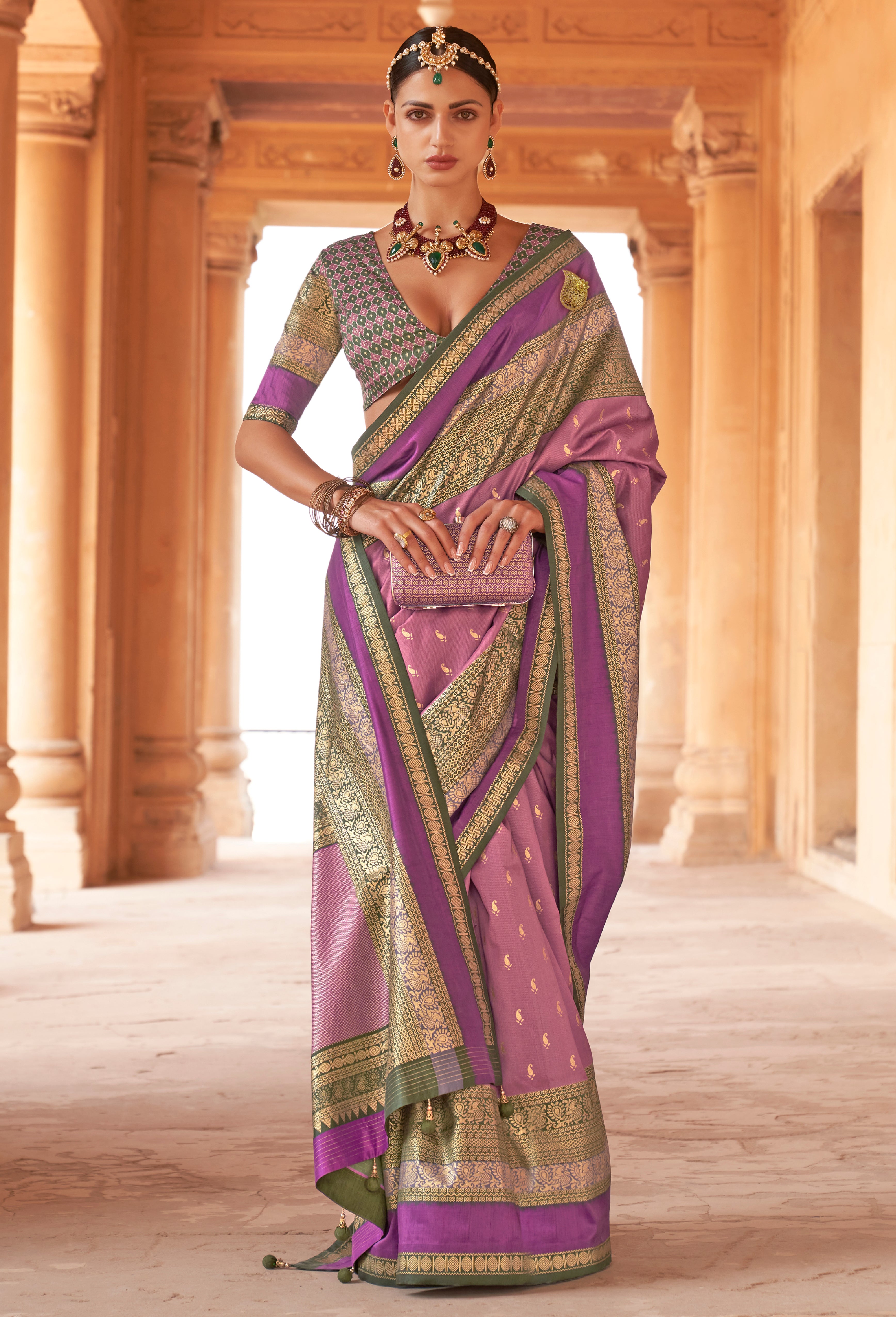 Onion Pink Silk Saree with Jacquard Woven Work
