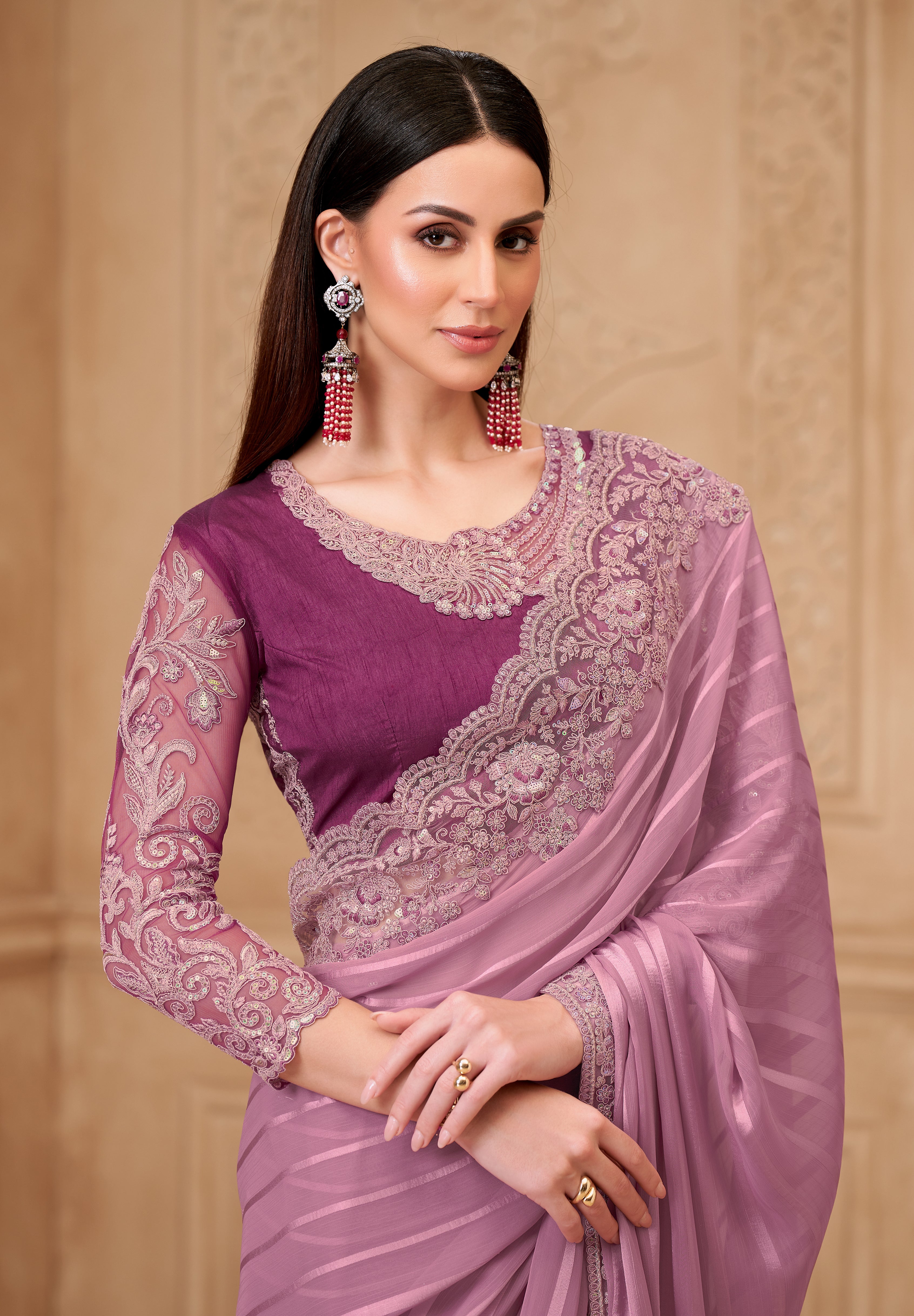 Onion Saree With Heavy Thread Embroidery Sequins Border Work With Embroidery Blouse