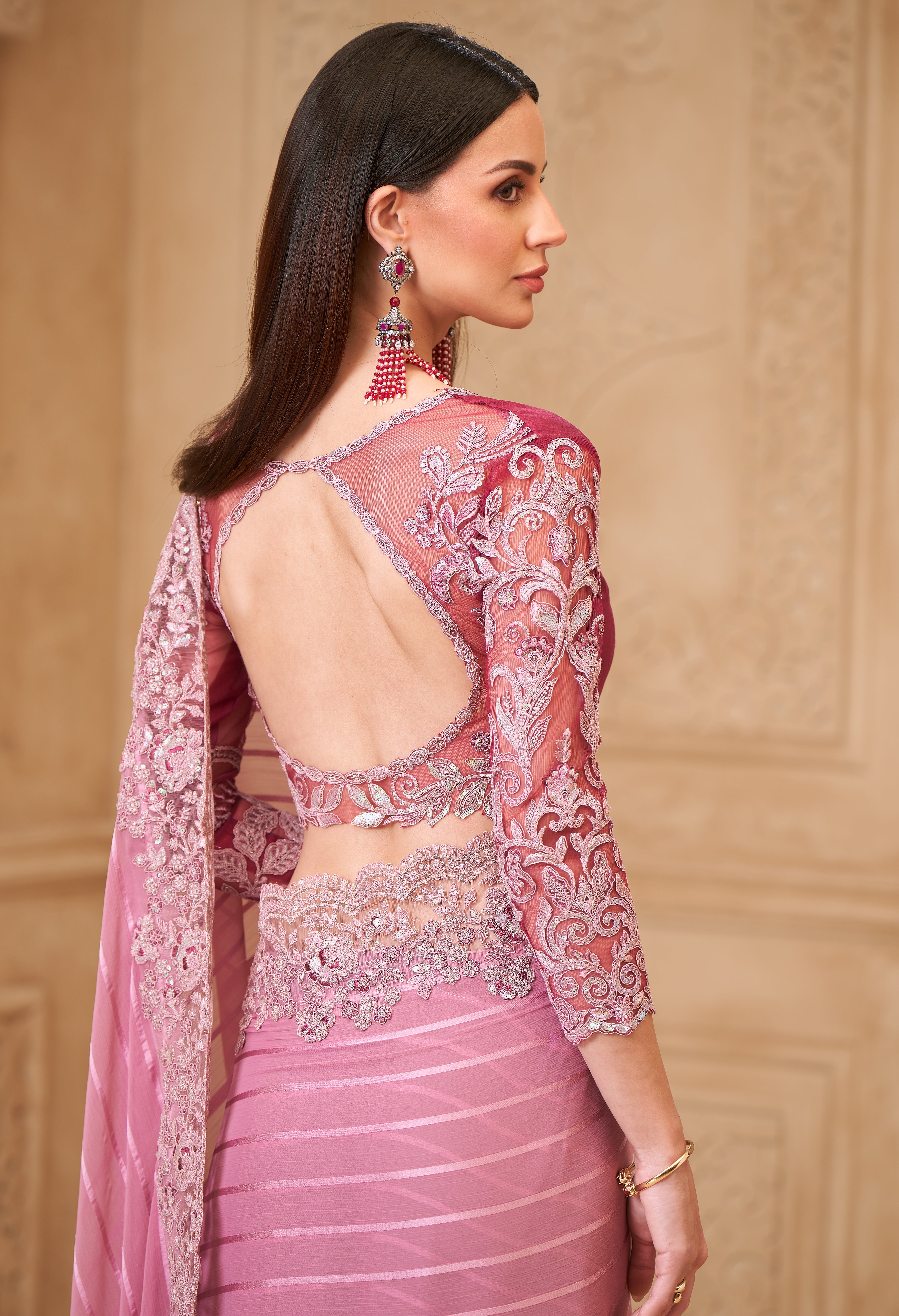 Onion Saree With Heavy Thread Embroidery Sequins Border Work With Embroidery Blouse