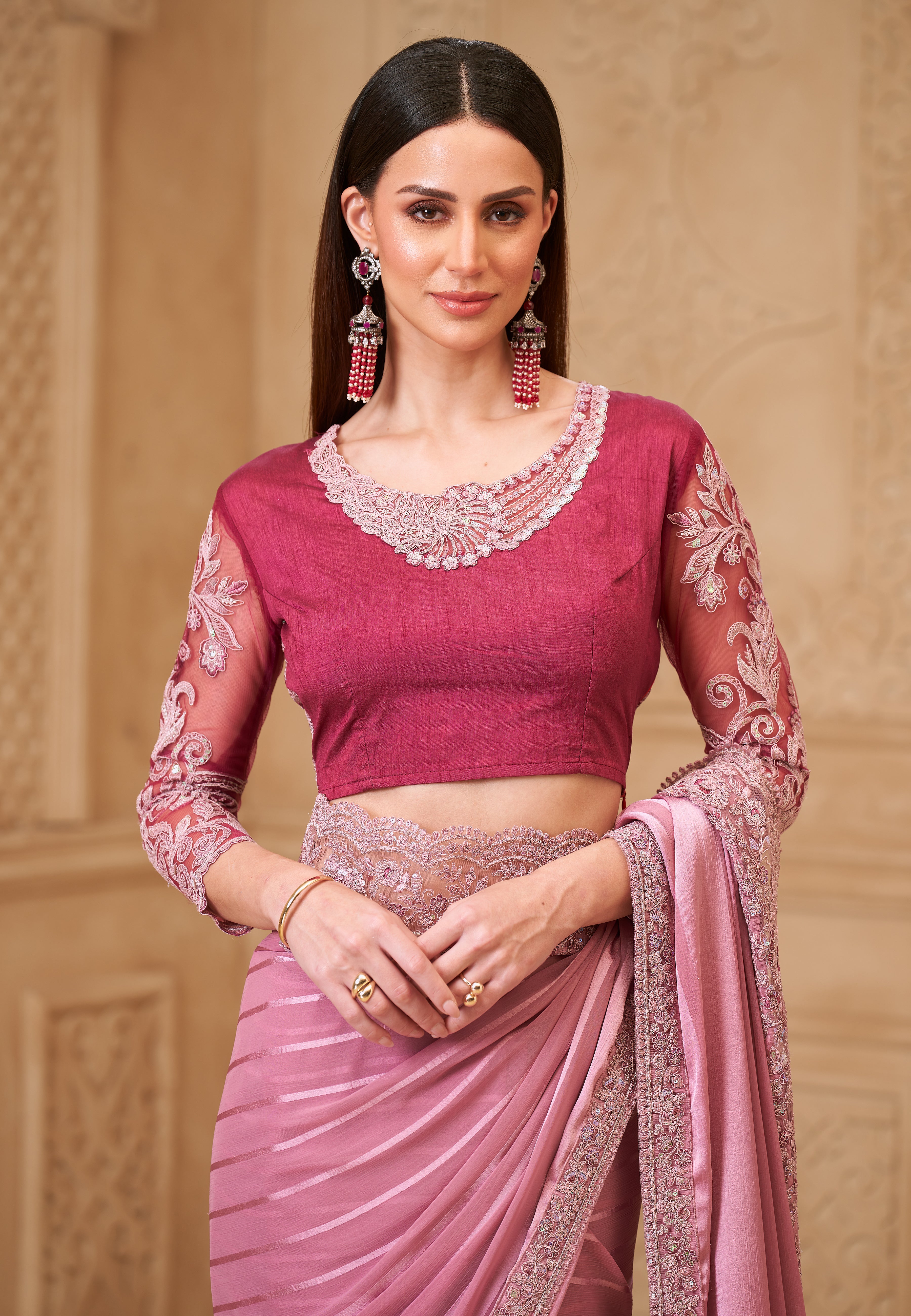 Onion Saree With Heavy Thread Embroidery Sequins Border Work With Embroidery Blouse