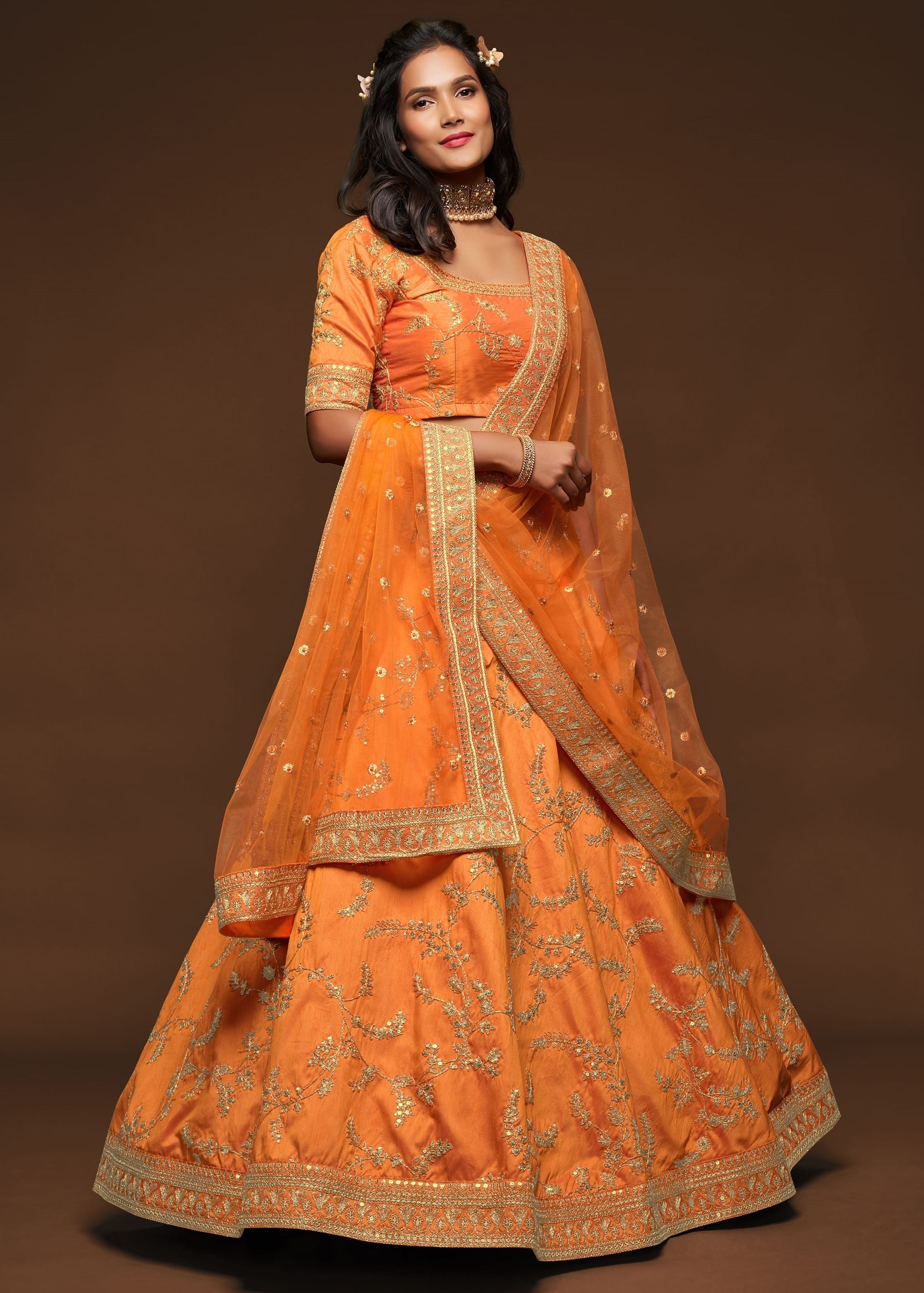 Orange Art Silk Lehenga Choli With Thread, Zari, Dori and Sequins Embroidery Work