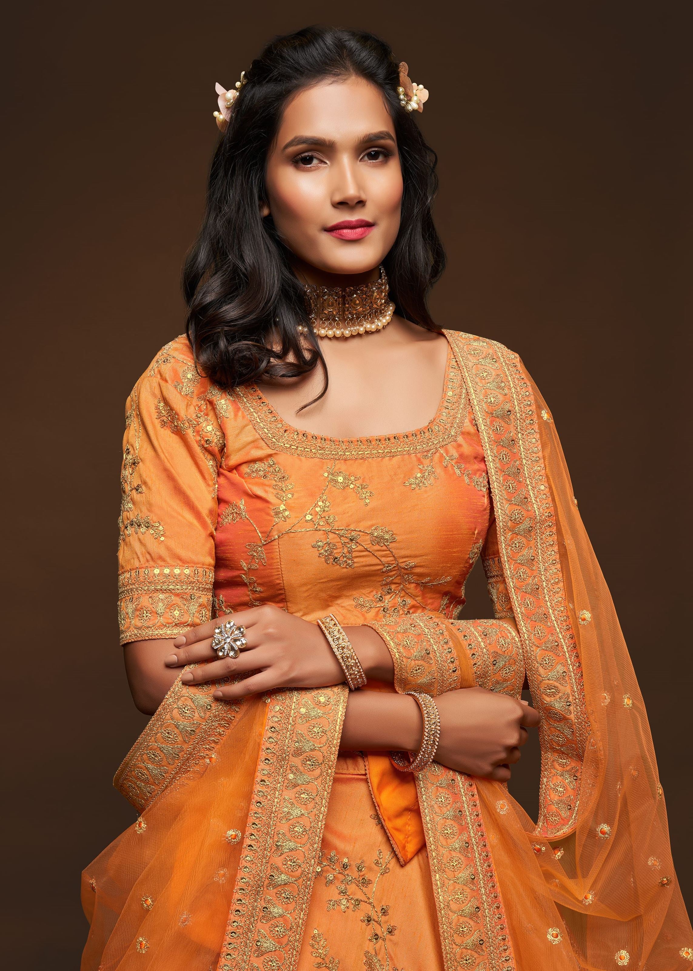 Orange Art Silk Lehenga Choli With Thread, Zari, Dori and Sequins Embroidery Work