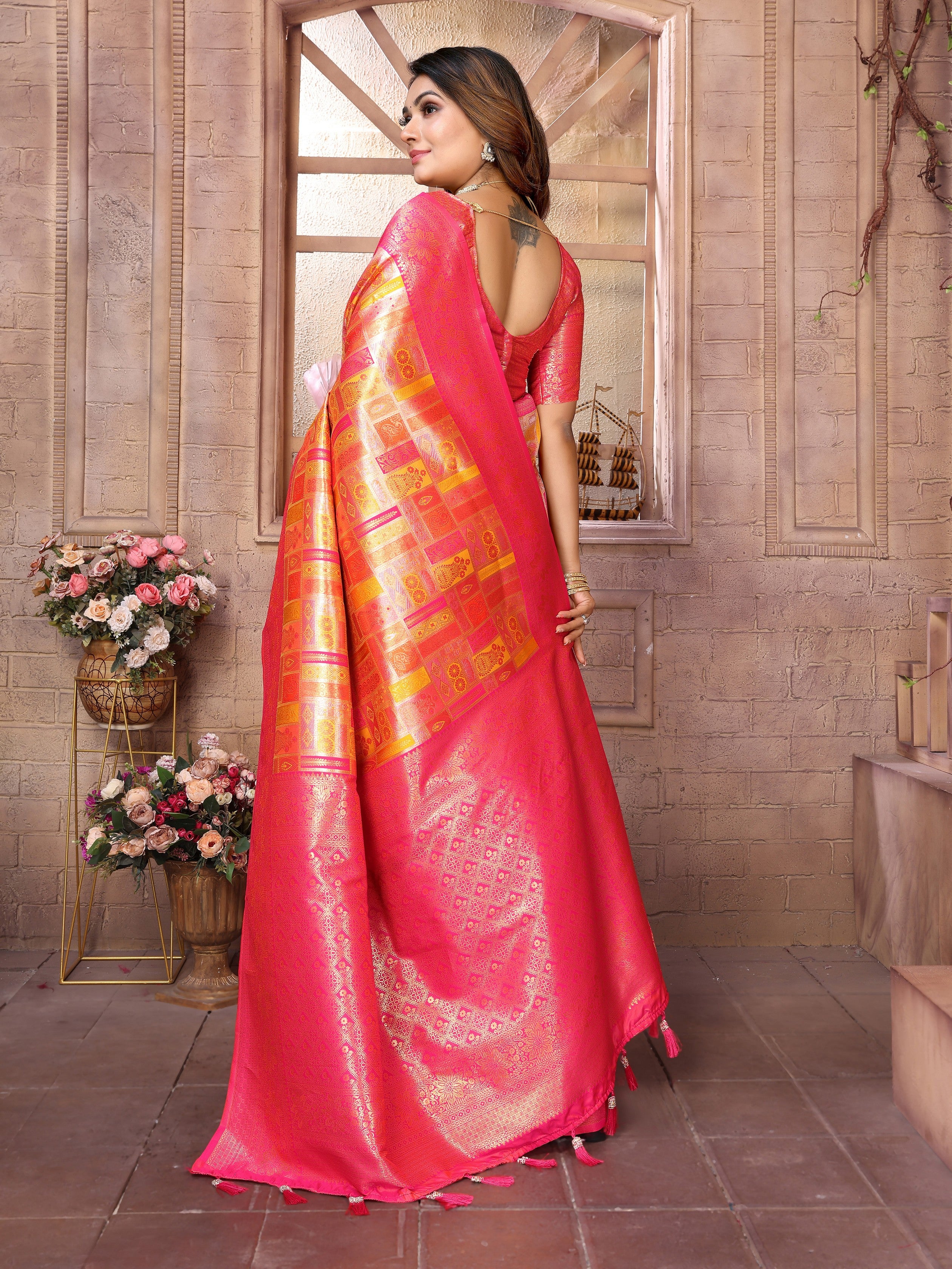 Orange Banarasi Chaturi Silk Ethnic Saree With Chaturi Woven Designer Work