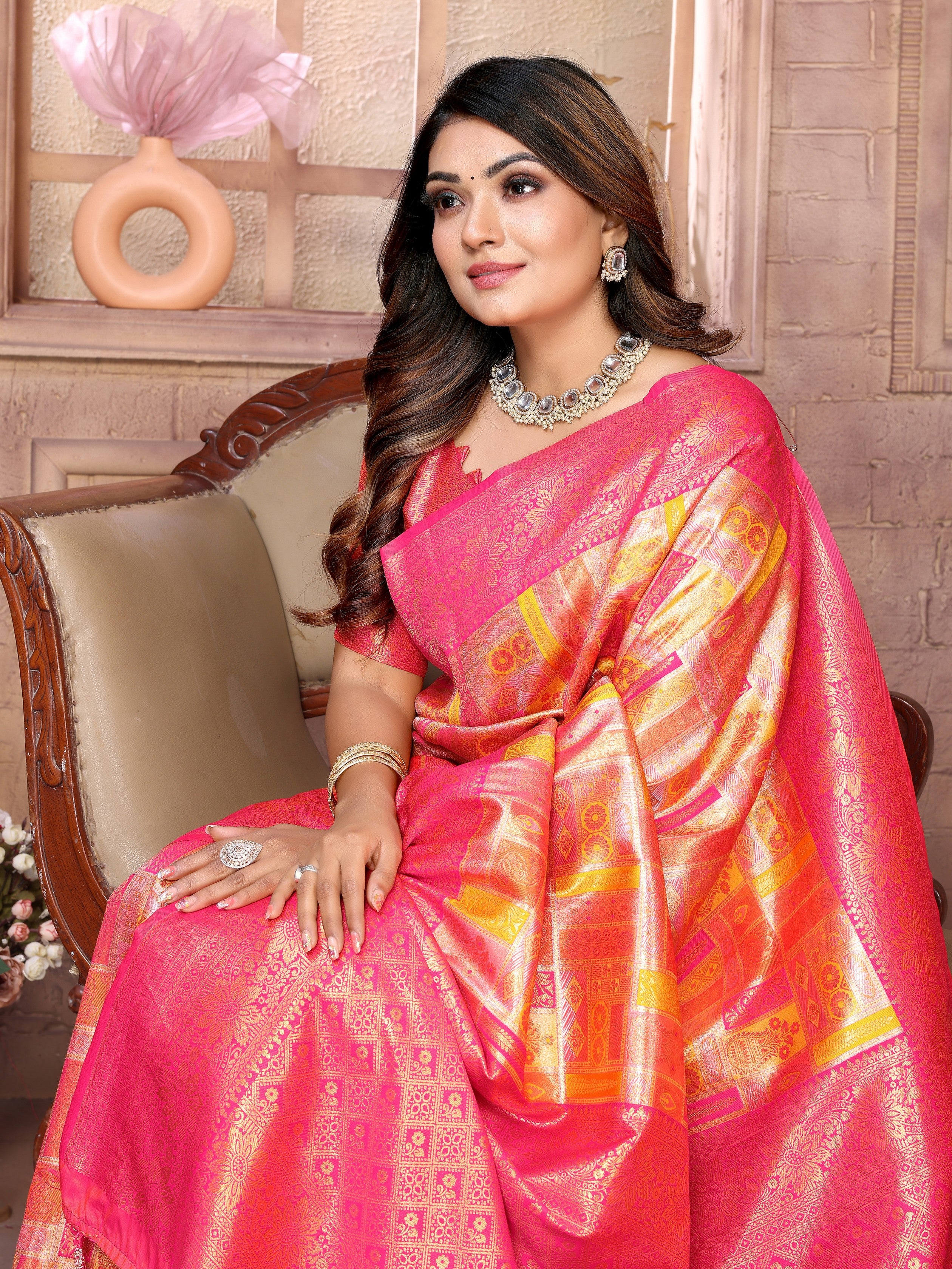 Orange Banarasi Chaturi Silk Ethnic Saree With Chaturi Woven Designer Work
