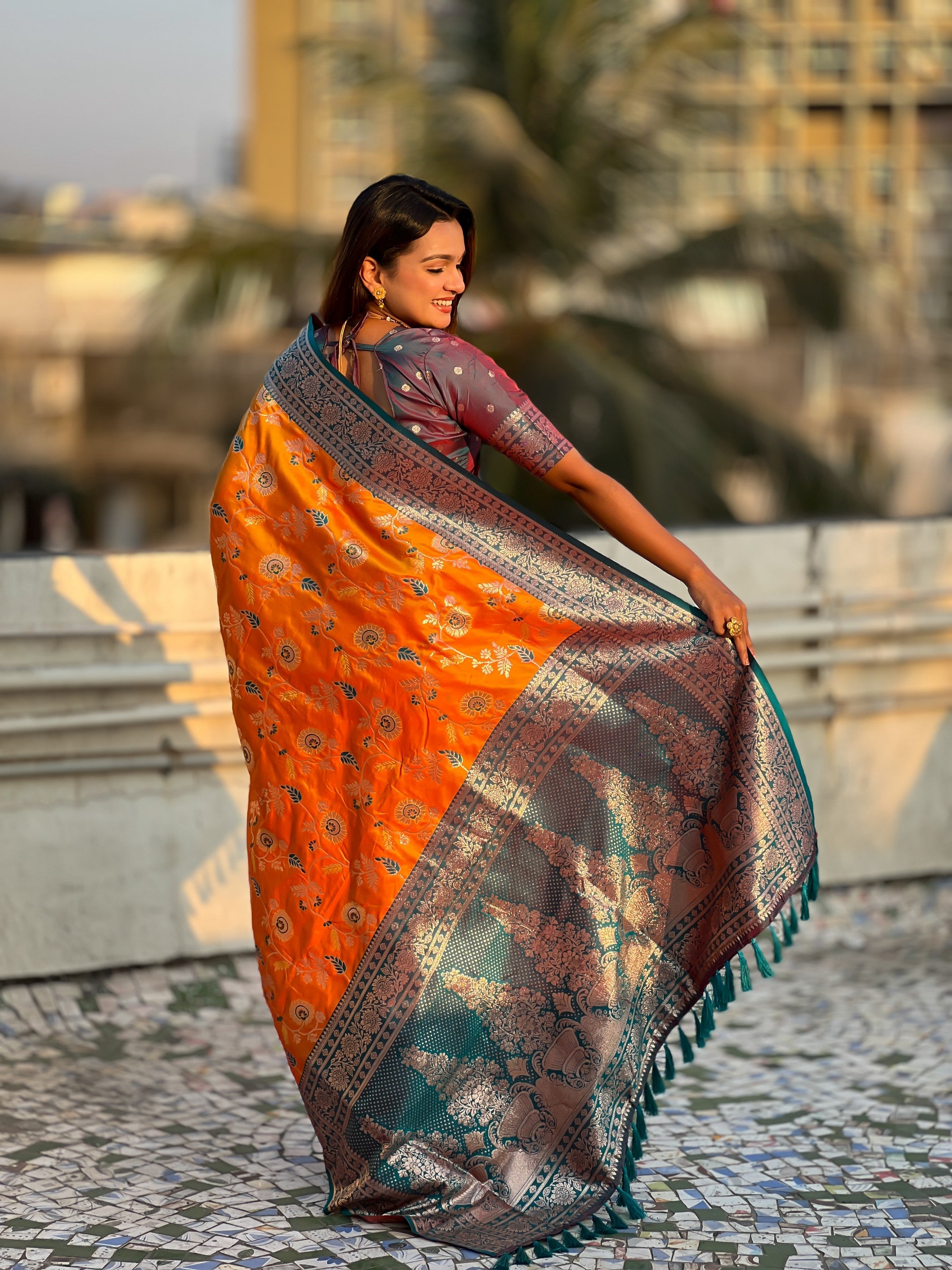 Orange Banarasi Silk Weaving Meenakari Designer Heavy Looks Saree