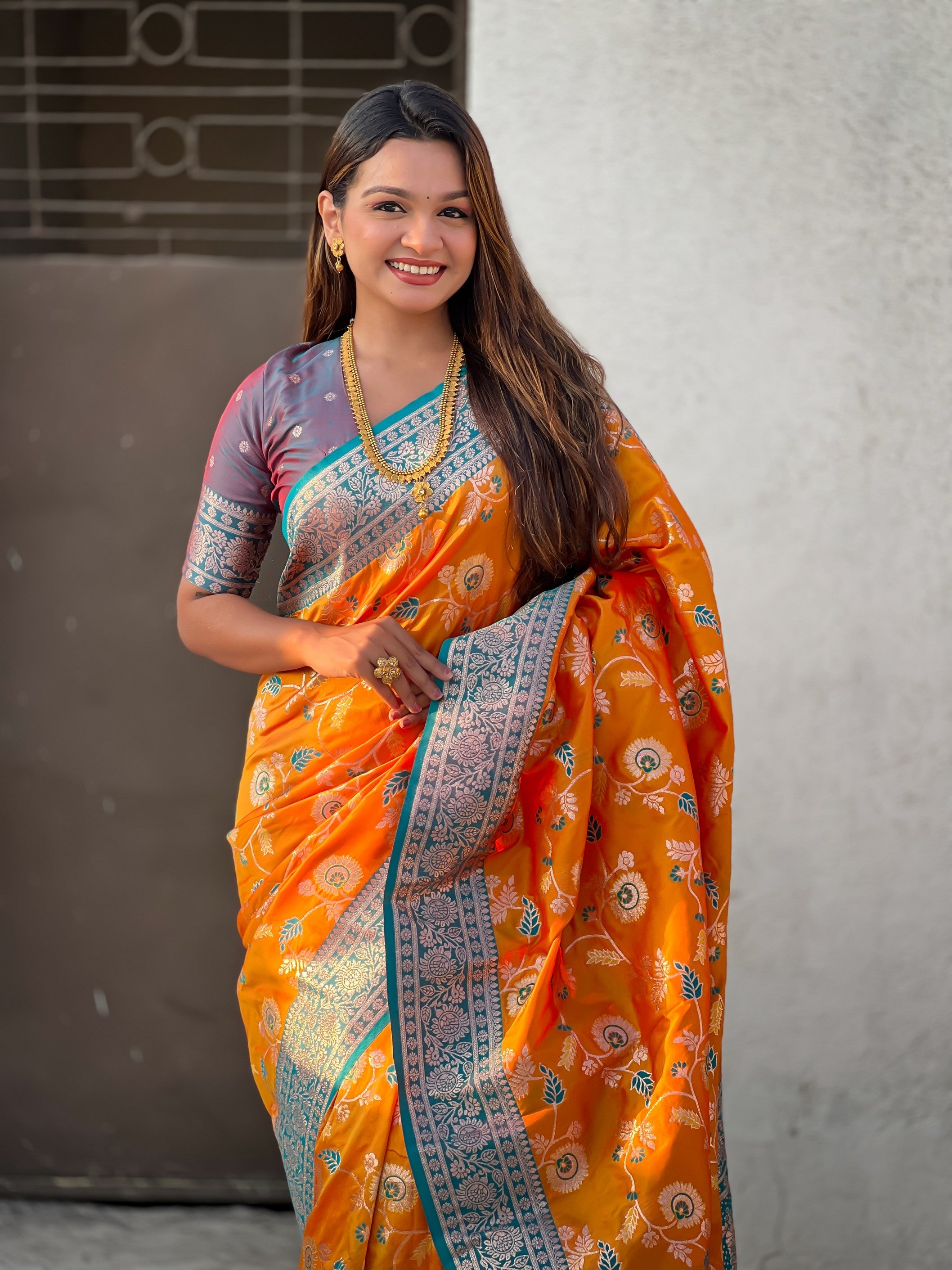 Orange Banarasi Silk Weaving Meenakari Designer Heavy Looks Saree
