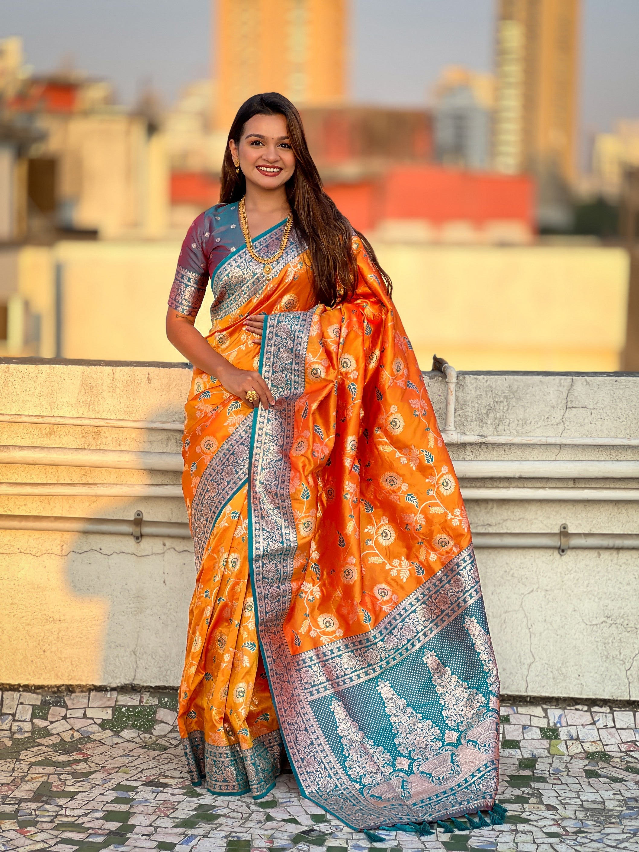Orange Banarasi Silk Weaving Meenakari Designer Heavy Looks Saree