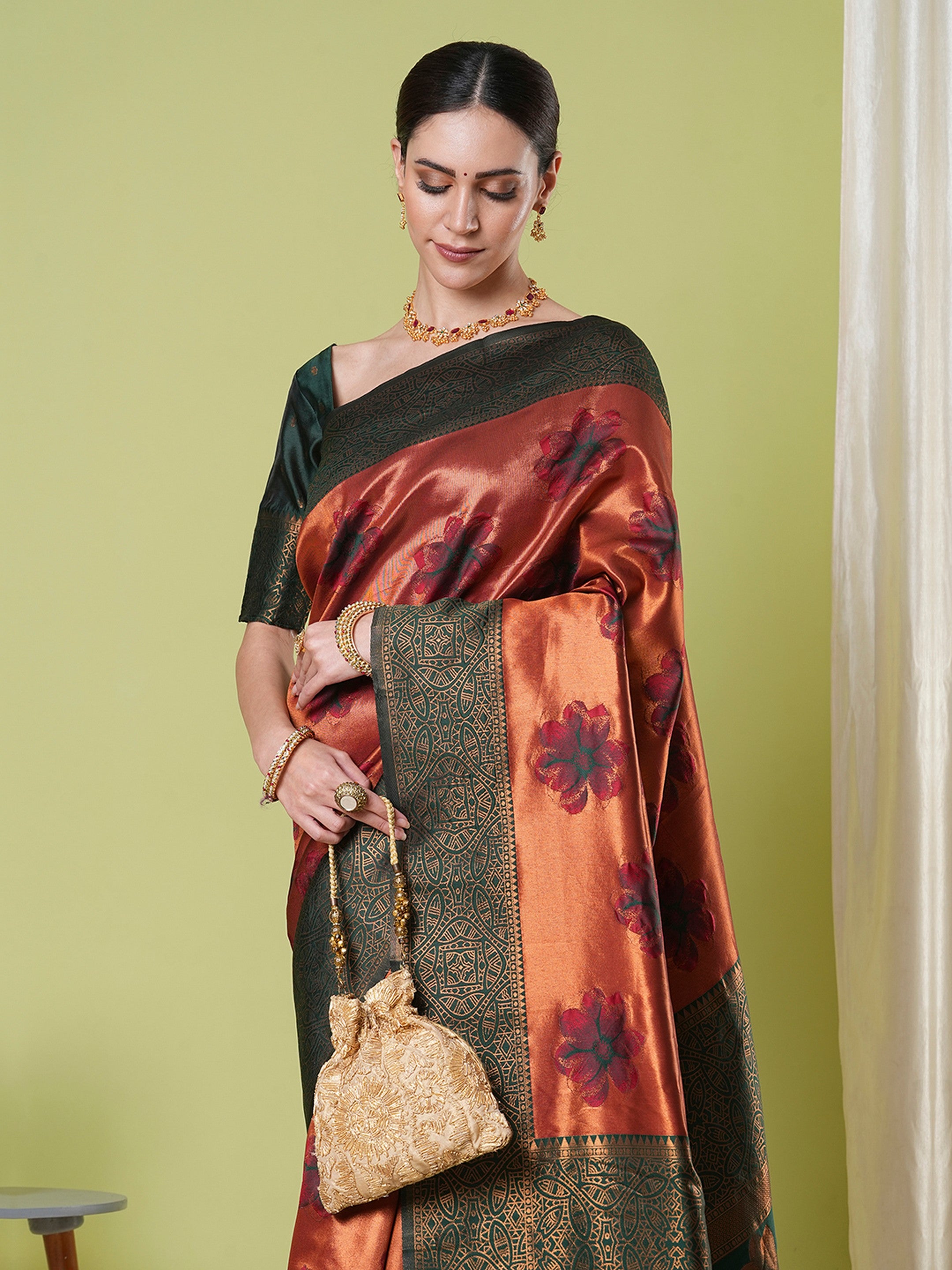 Orange Banarasi Silk Woven Jacquard Designer Partywear Saree