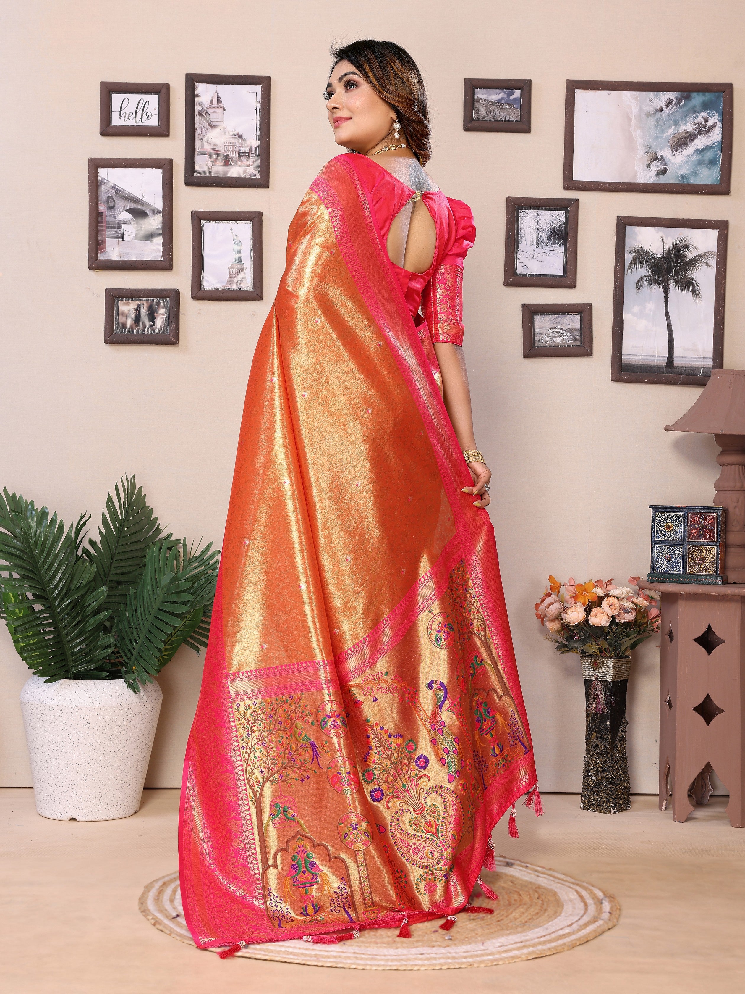 Orange Banarasi Tissue Silk Heavy Woven Jari Designer Ceremonial Saree