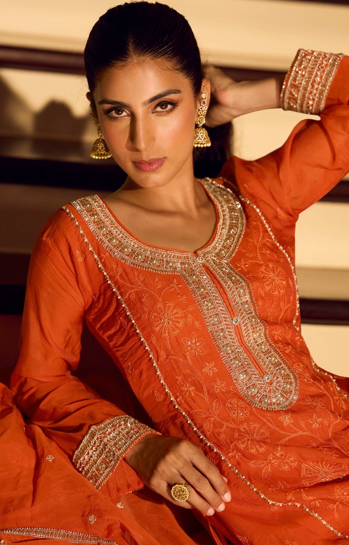 Orange Chinon Designer Suit Set With Elegant Embroidery