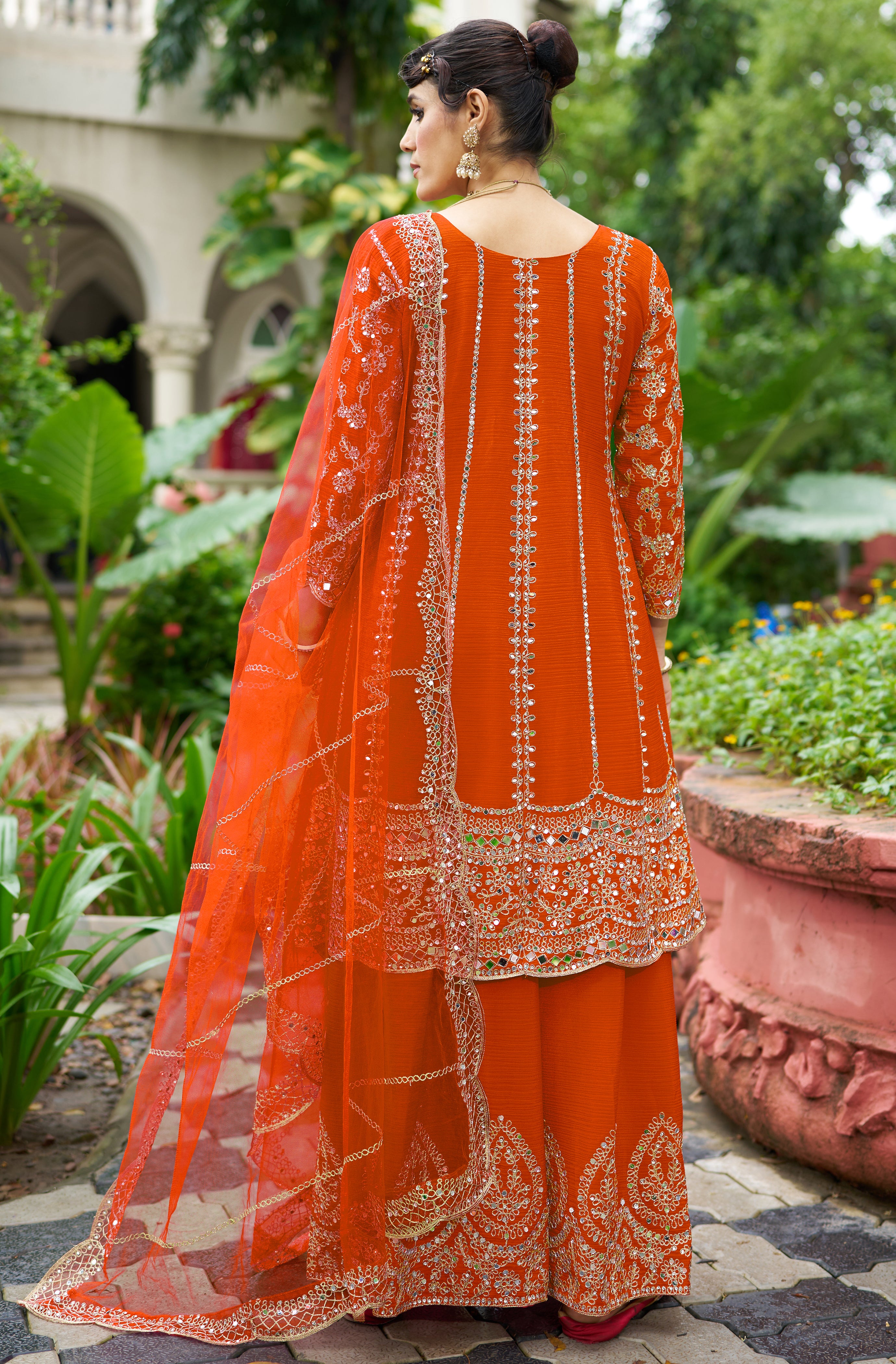 Orange Chinon Silk Salwar Suit With Real Mirror Work