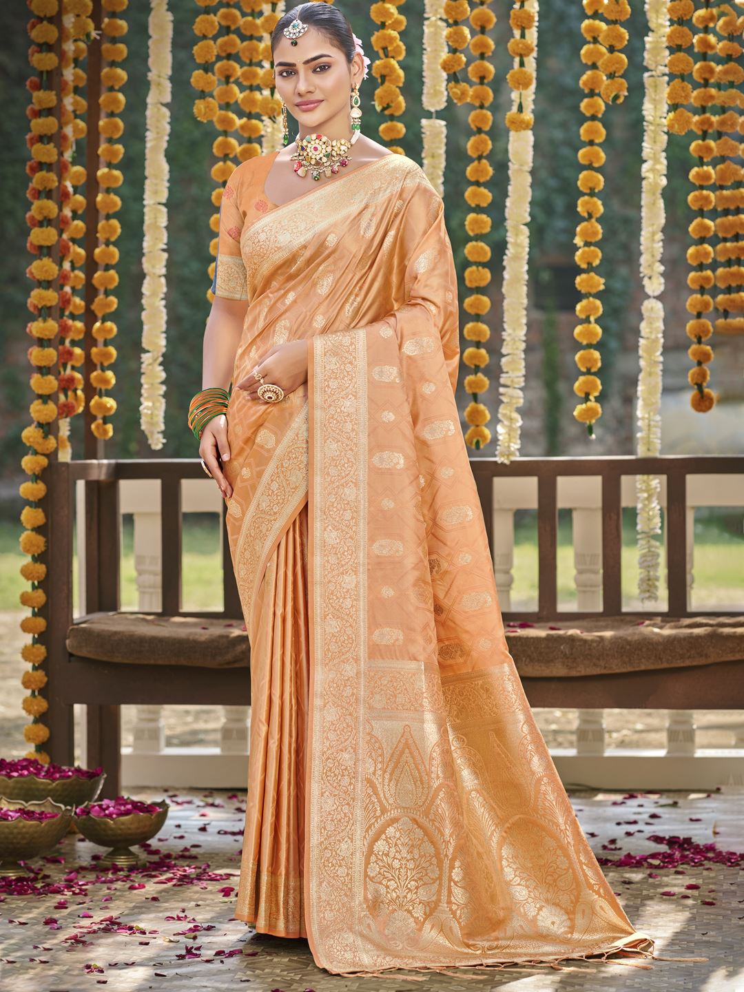 Orange Color Banarasi Satin Silk Saree