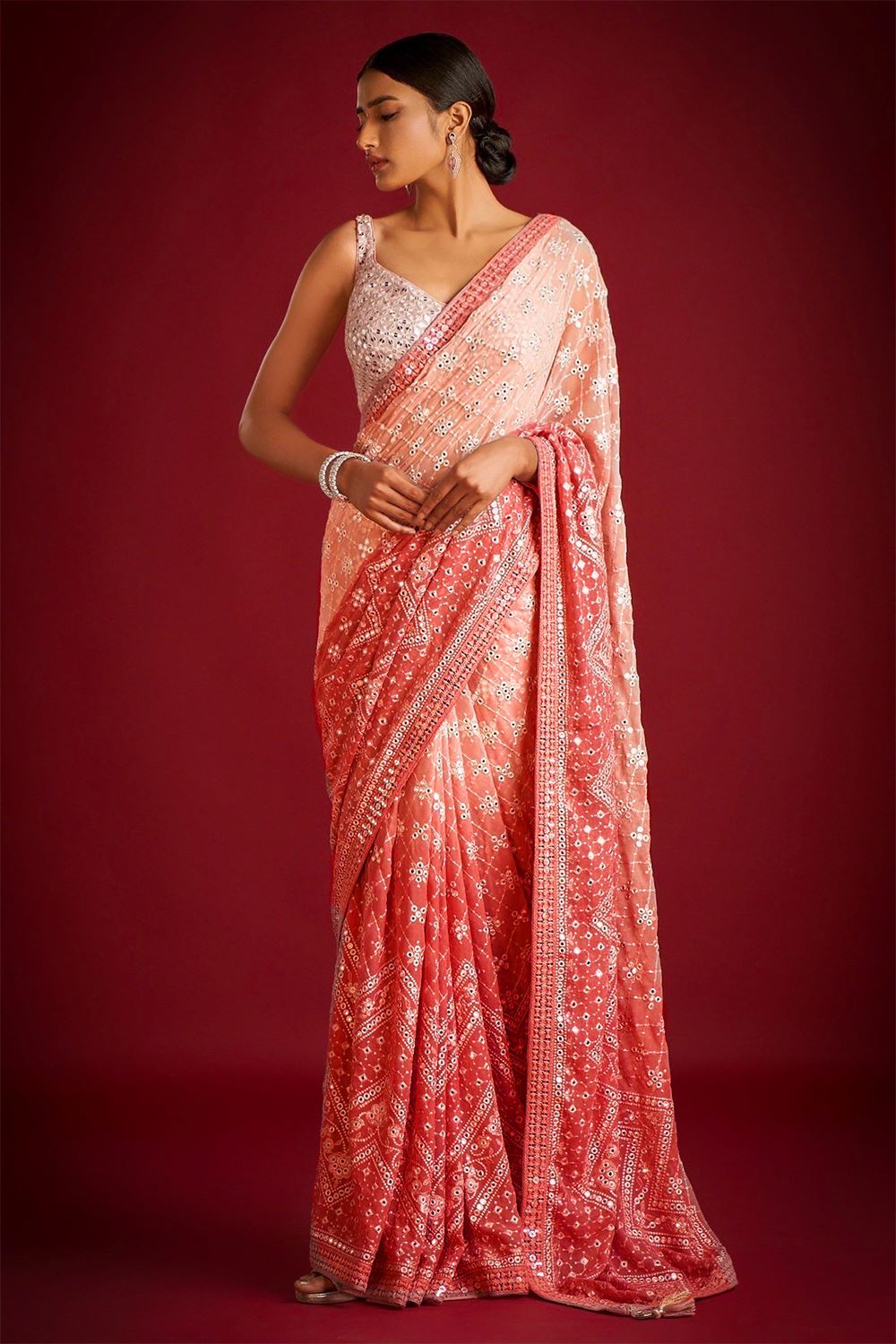 Orange Colour Georgette Embroidery Work Saree