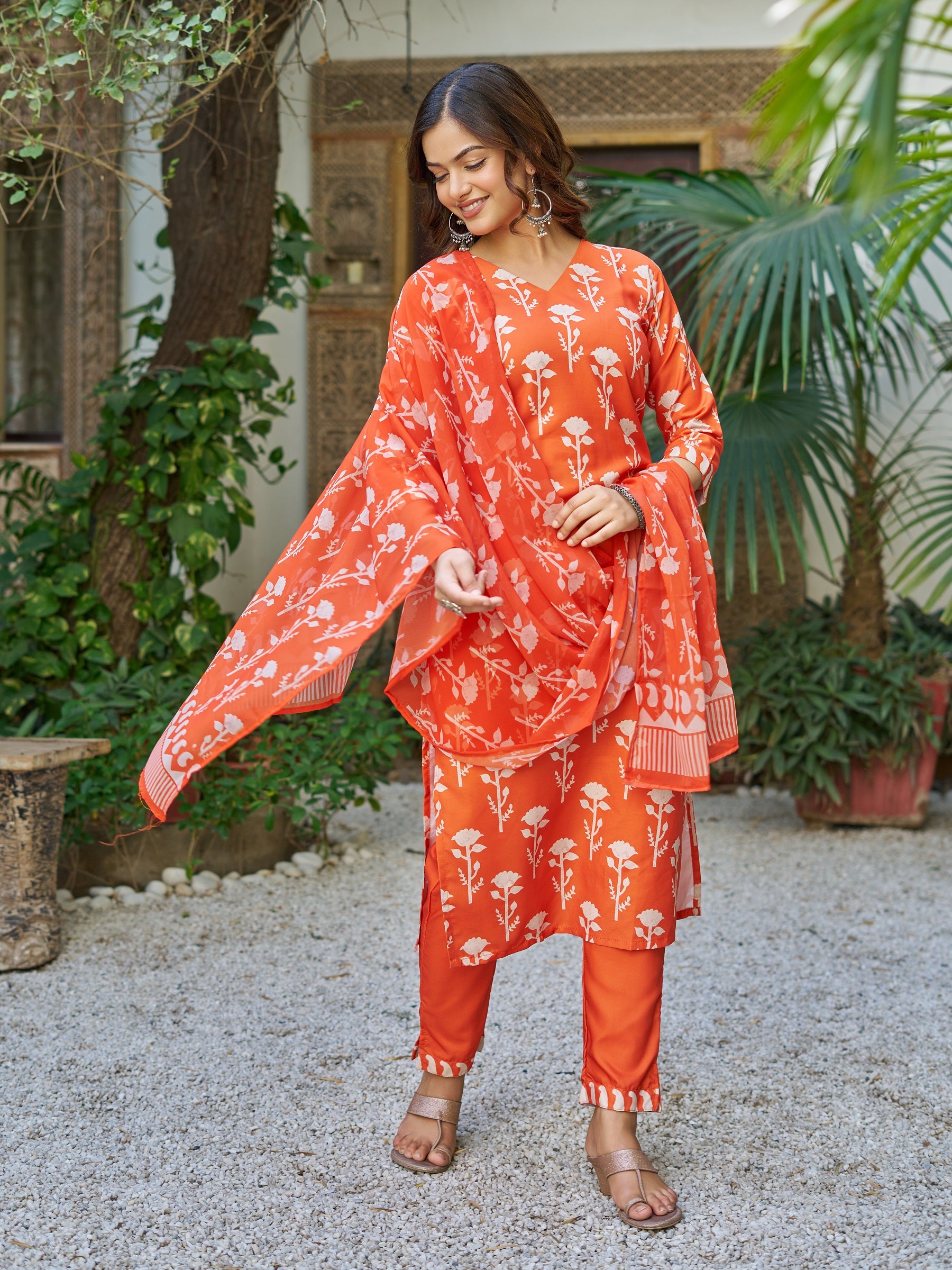 Orange Cotton Blend Kurta Pant Set Printed