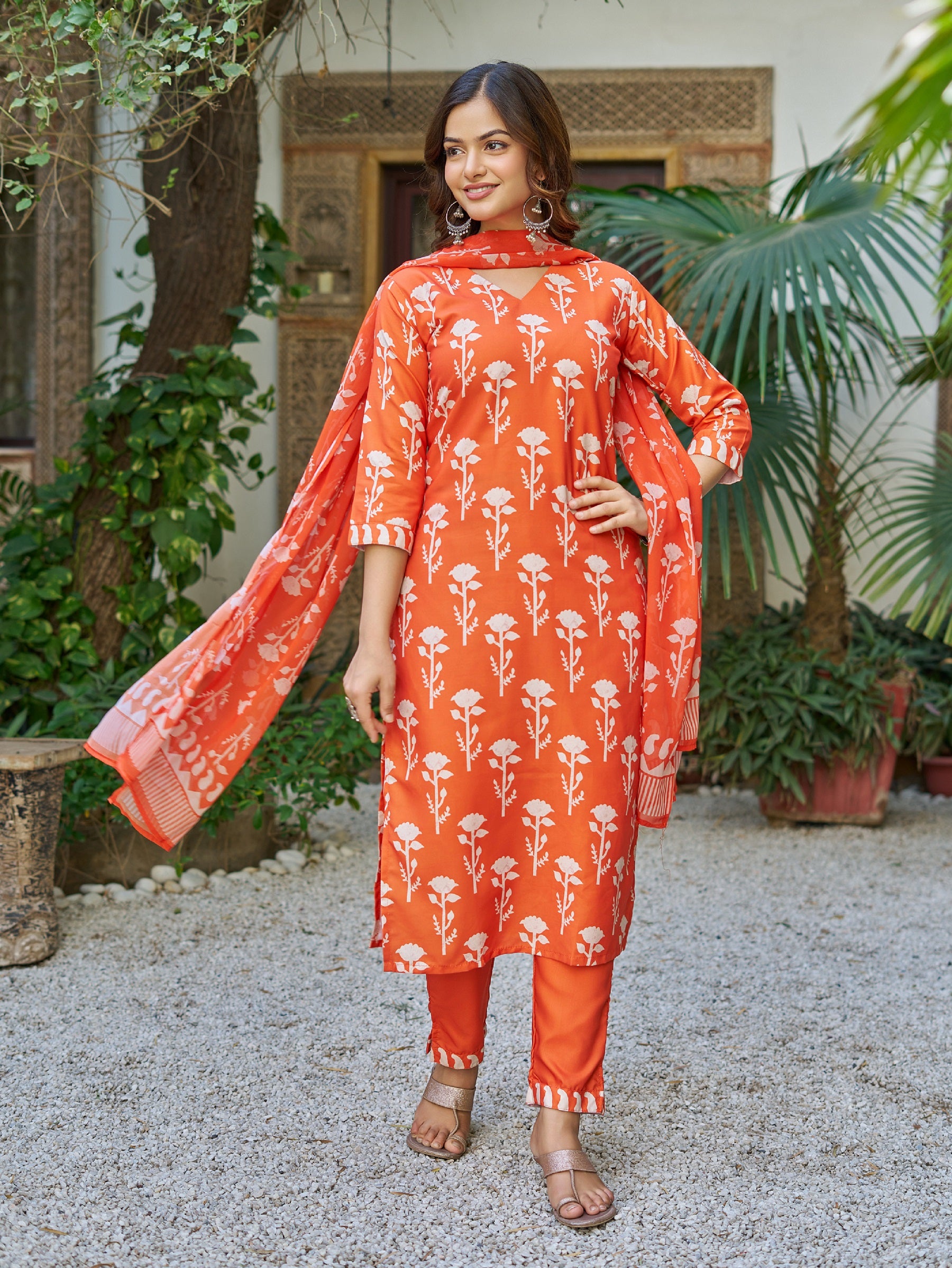 Orange Cotton Blend Kurta Pant Set Printed