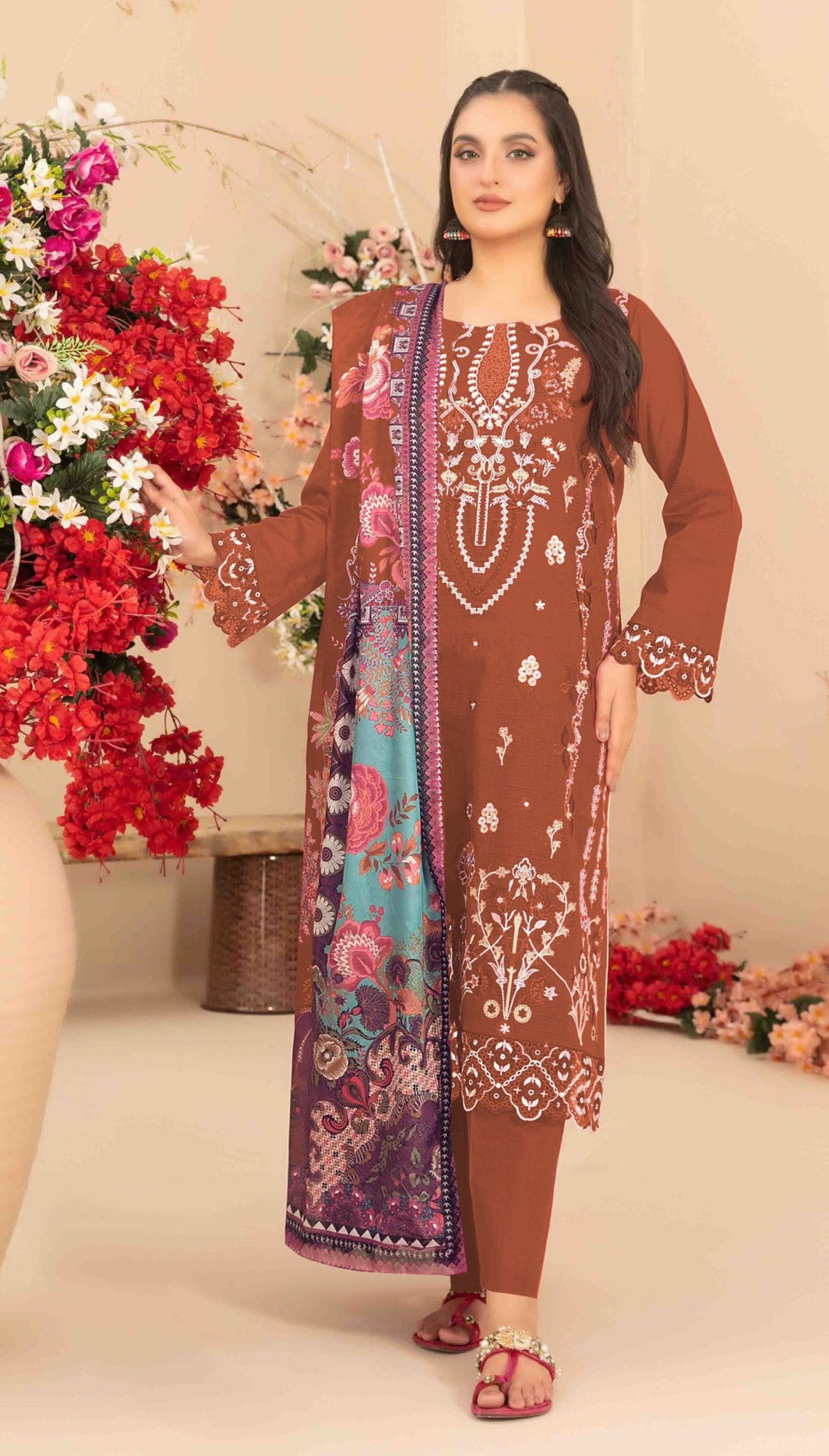 Orange Cotton Designer Suit Set With Elegant Embroidery