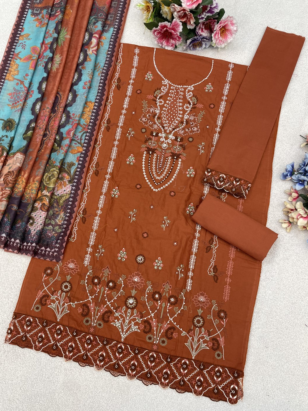 Orange Cotton Designer Suit Set With Elegant Embroidery