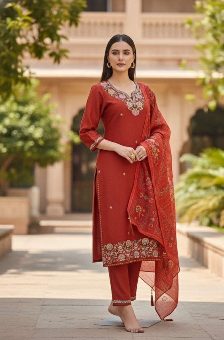 Orange Cotton Silk Designer Suit Set With Sequin Embroidery