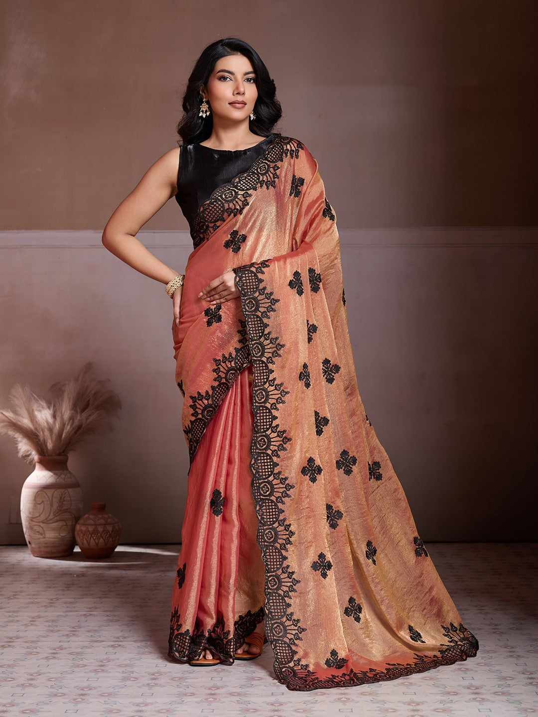 Orange Fendy Chiffon Saree With Embroidery Premium Designer Saree