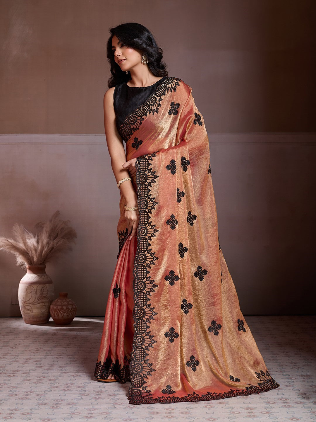 Orange Fendy Chiffon Saree With Embroidery Premium Designer Saree