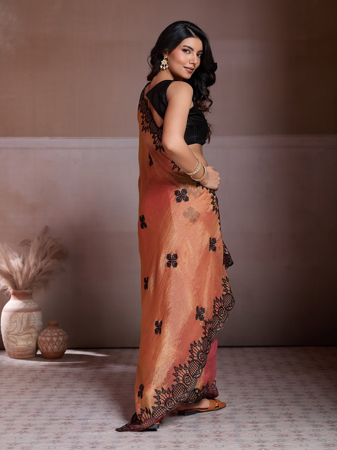 Orange Fendy Chiffon Saree With Embroidery Premium Designer Saree
