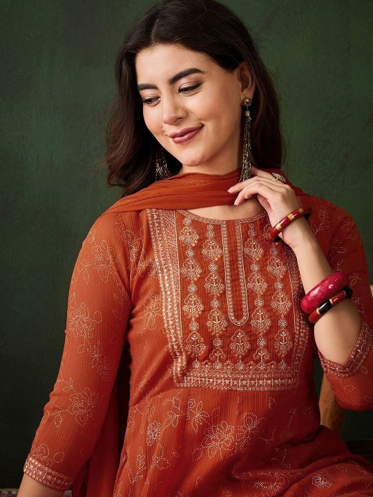 Orange Georgette Kurta Pant Set With Print With Thread Embroidery Work