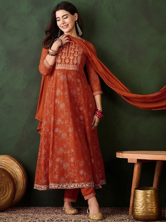 Orange Georgette Kurta Pant Set With Print With Thread Embroidery Work