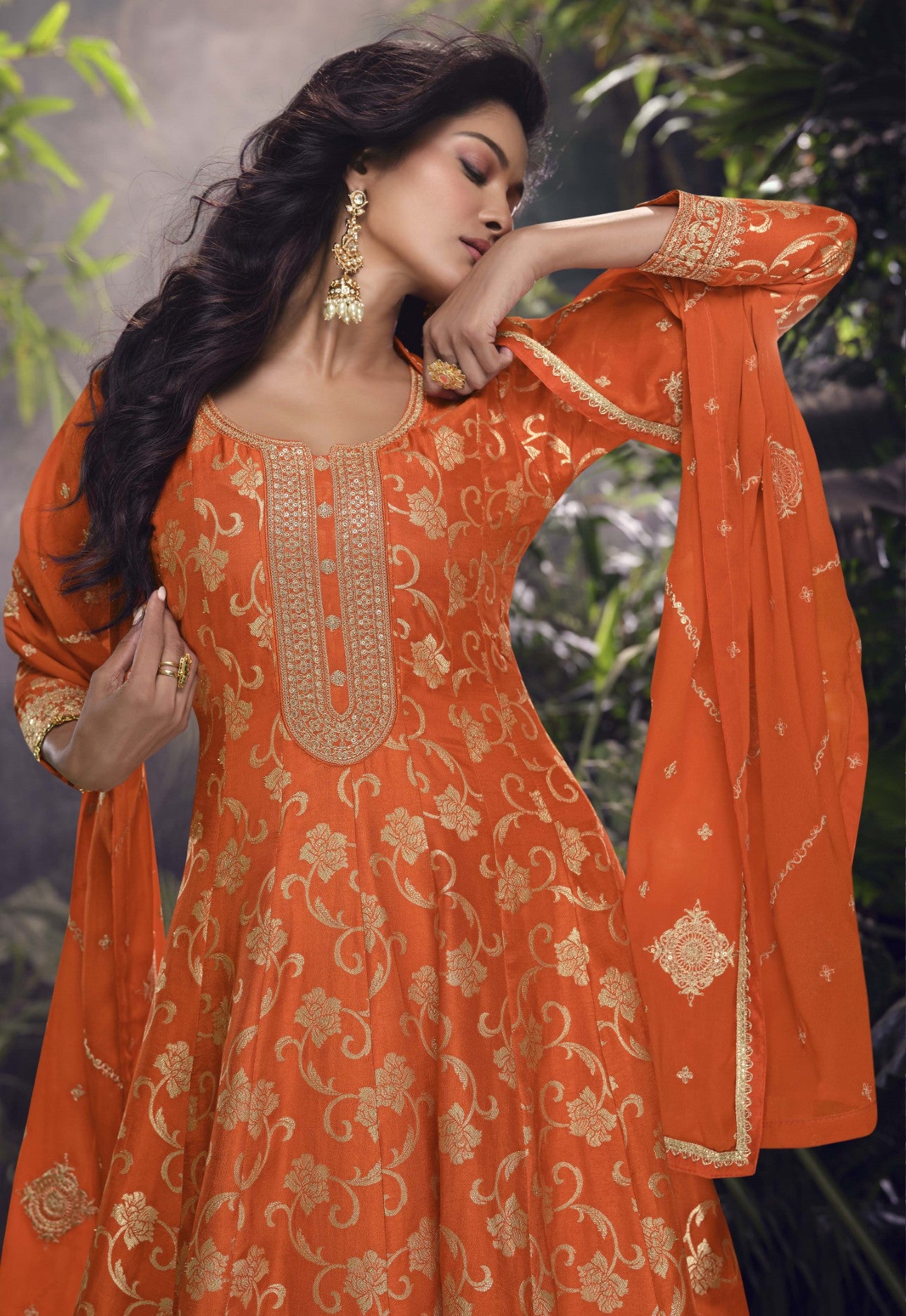 Orange Jacquard Silk Palazzo Suit With Sequin Embroidery
