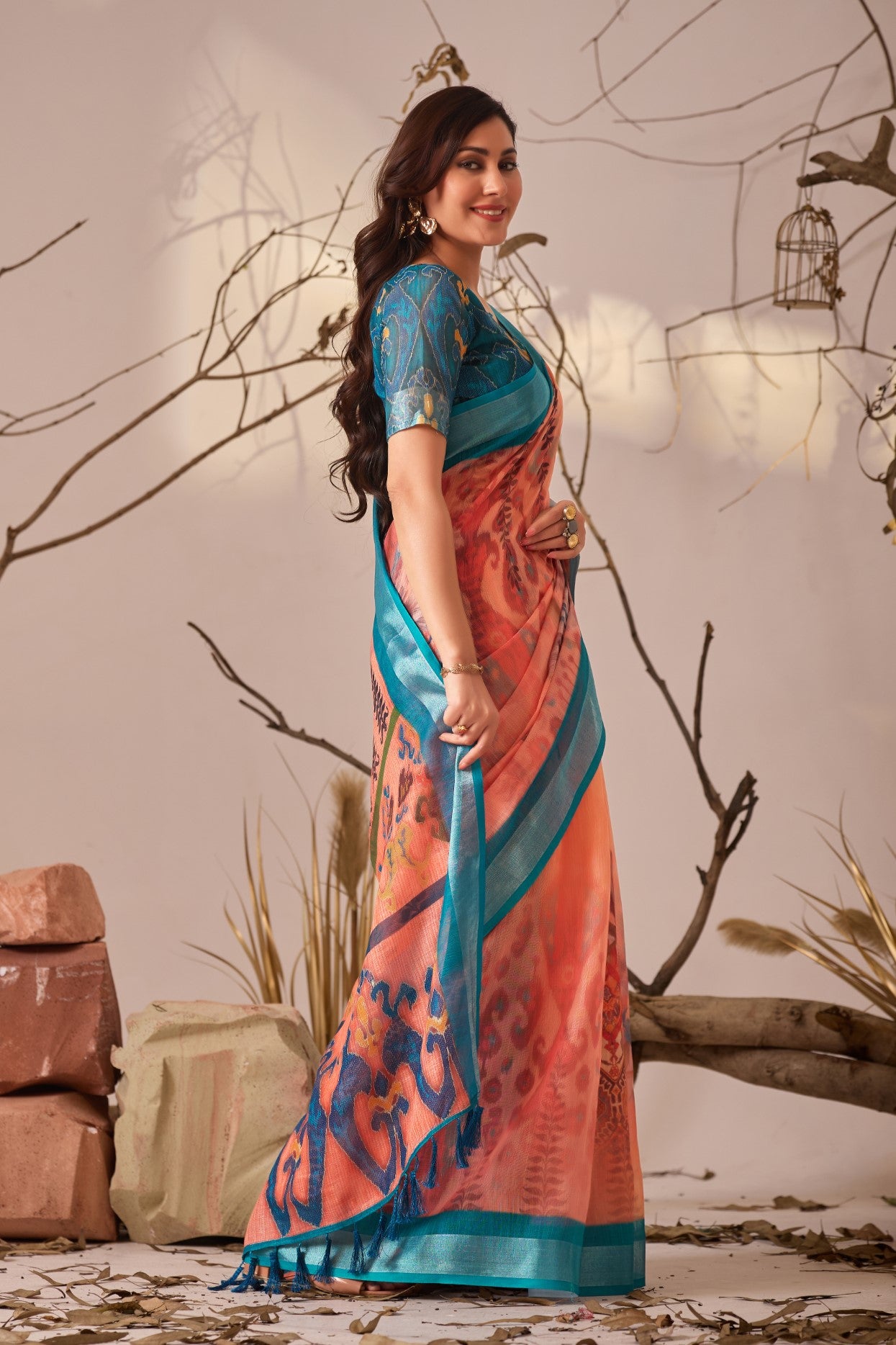Orange Linen Cotton Saree with Digital Print