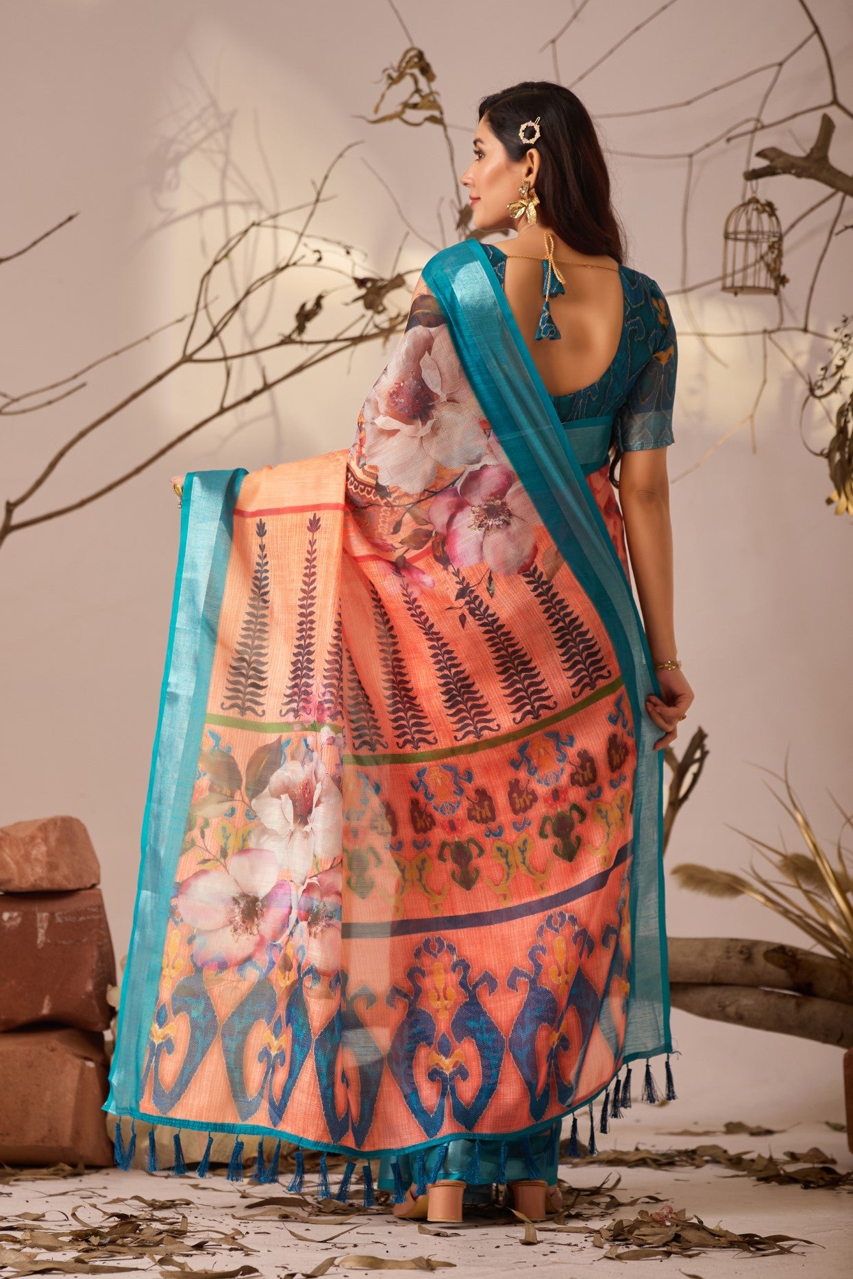 Orange Linen Cotton Saree with Digital Print