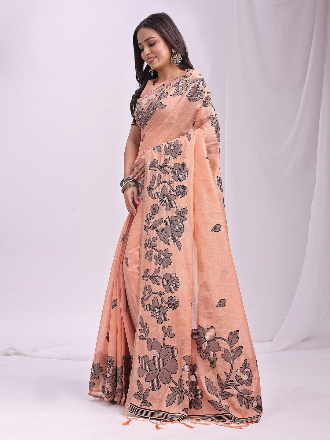 Orange Linen Cotton Woven Thread Designer Festive Sophisticated Saree