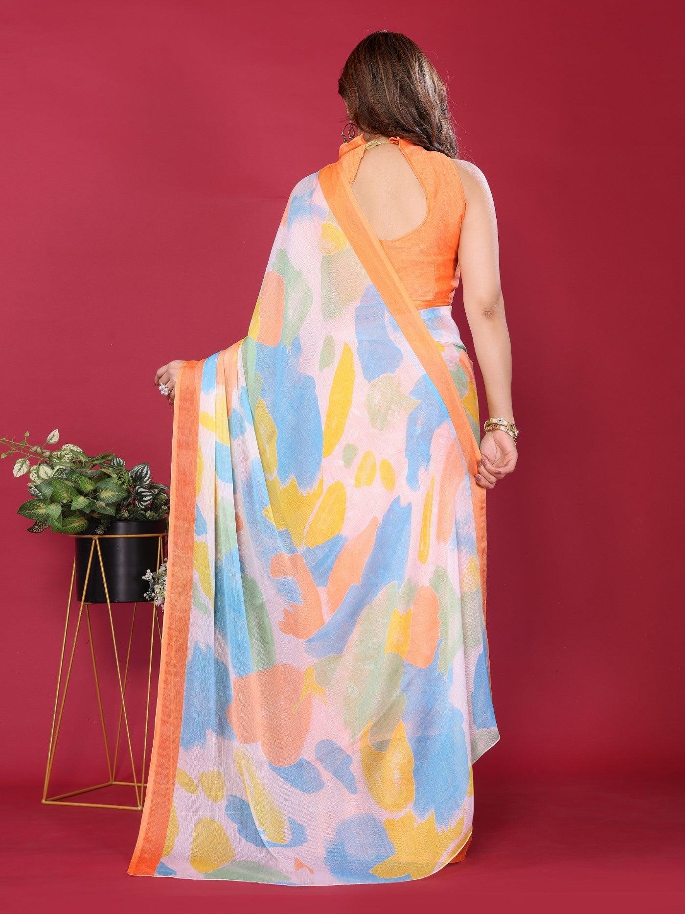 Orange Moss Chiffon Saree With Elegant Printed Design