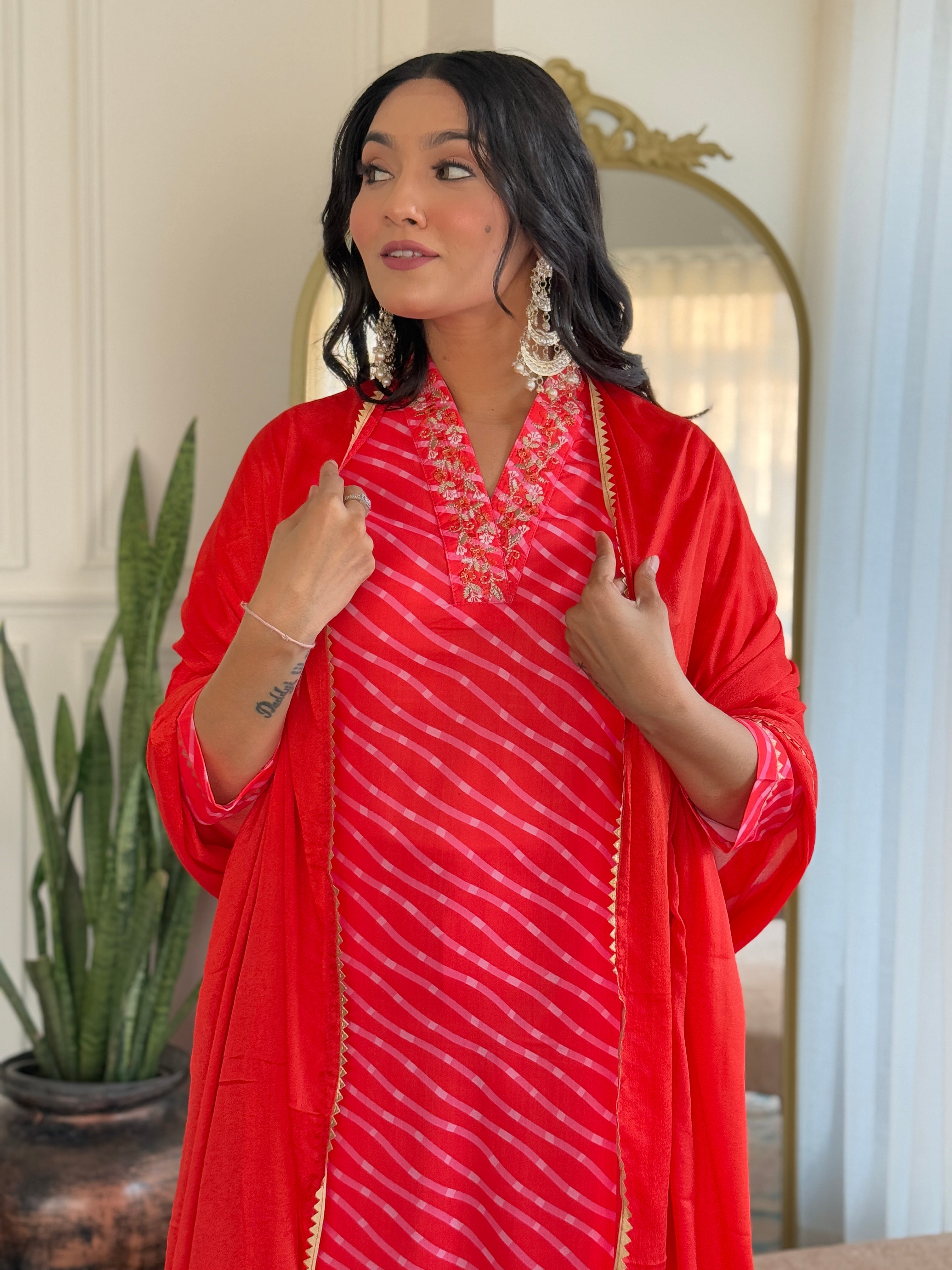 Orange Muslin Elegant Kurta Pant Set With Embroidery Work