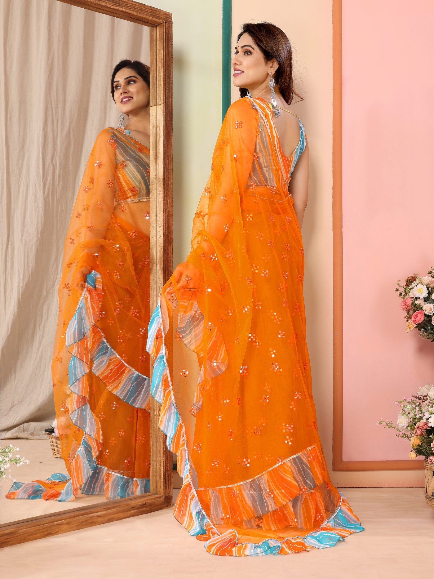 Orange Net Saree with Mirror Work & Ruffle with Leheriya Blouse