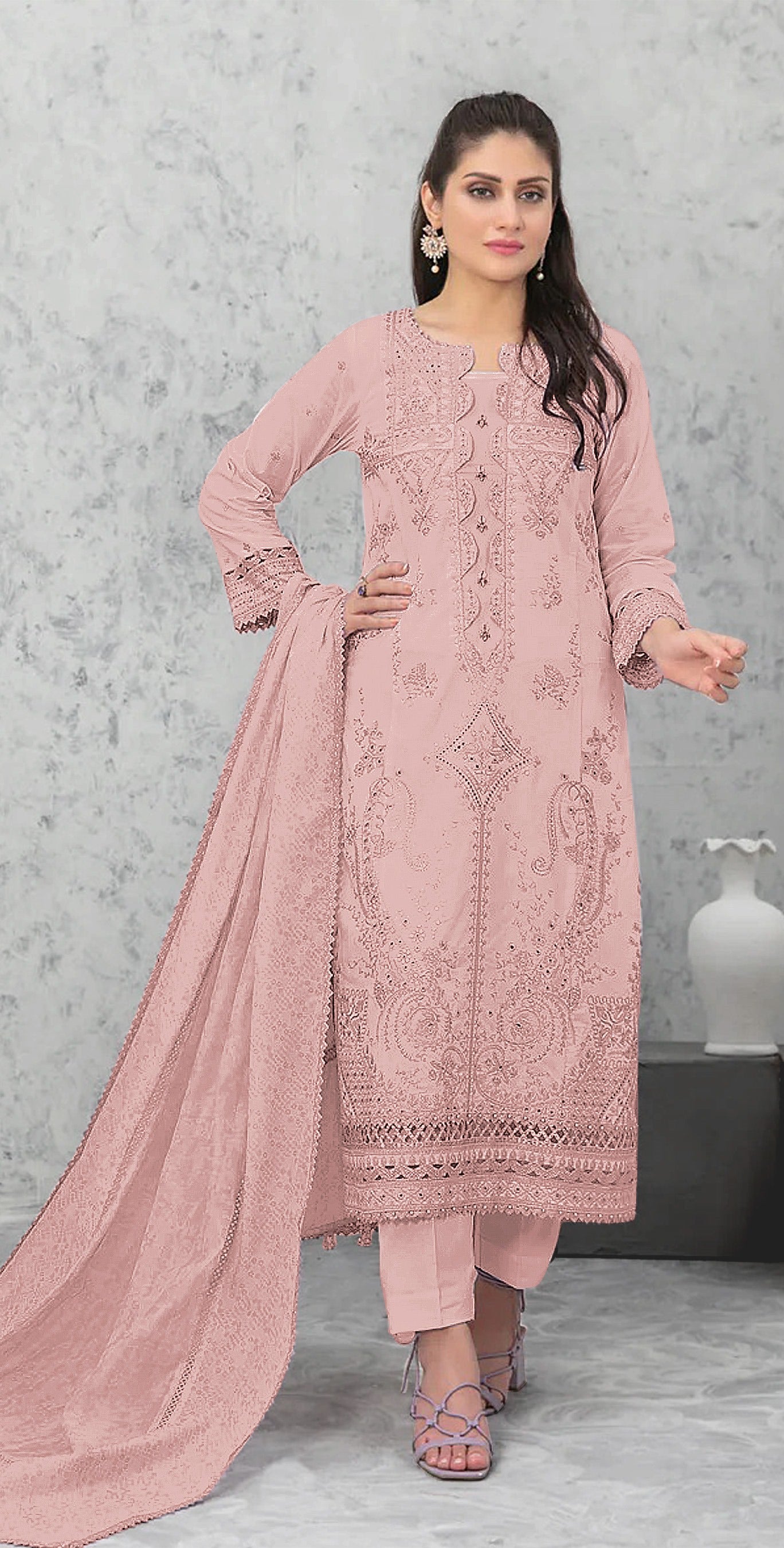 Orange Pakistani Salwar Suit With Heavy Embroidery Work