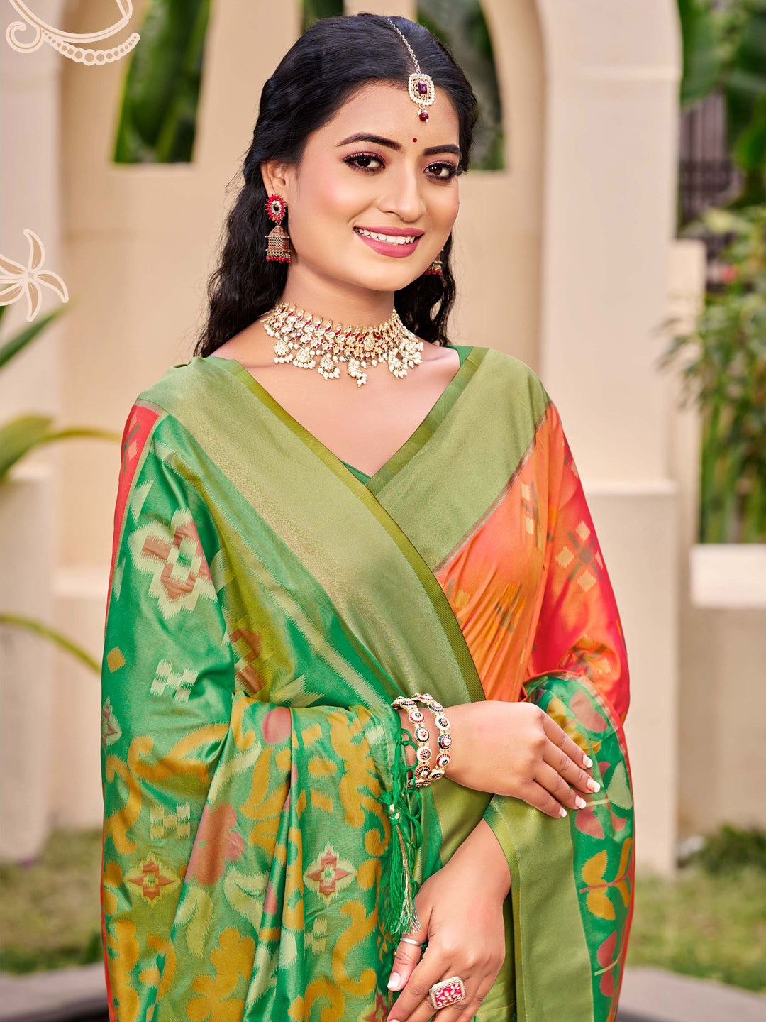 Orange Pochampalli Silk Woven Designer Ethnic Partywear Saree