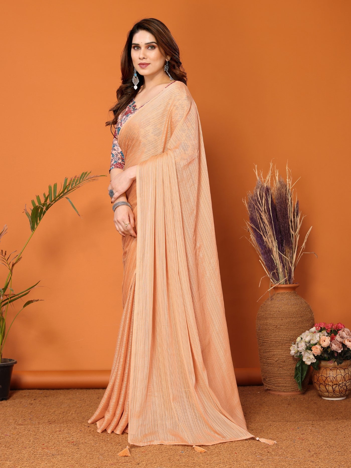 Orange Polyester Zari Saree With Plain Saree With Kalamkari Print Blouse