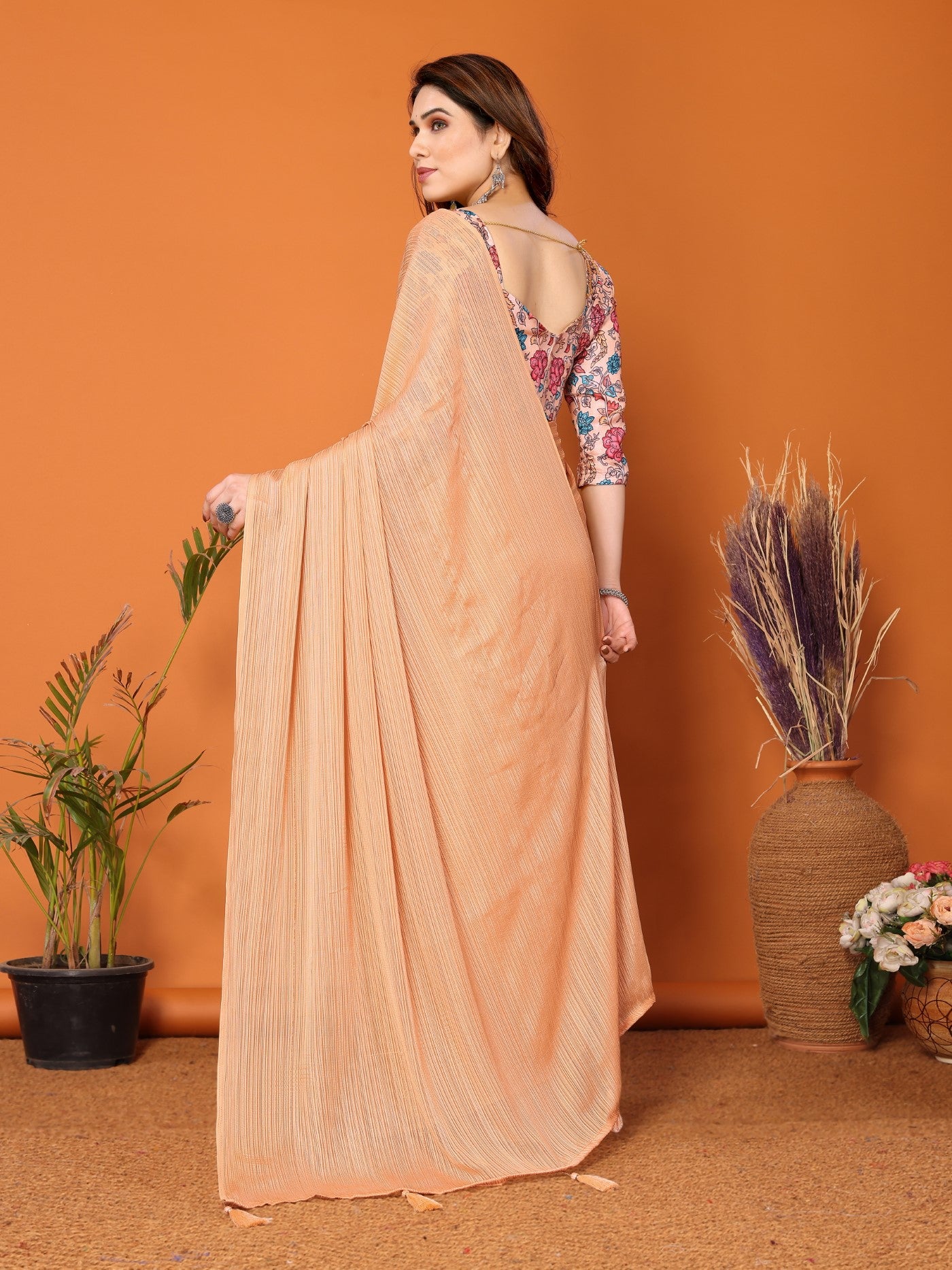 Orange Polyester Zari Saree With Plain Saree With Kalamkari Print Blouse