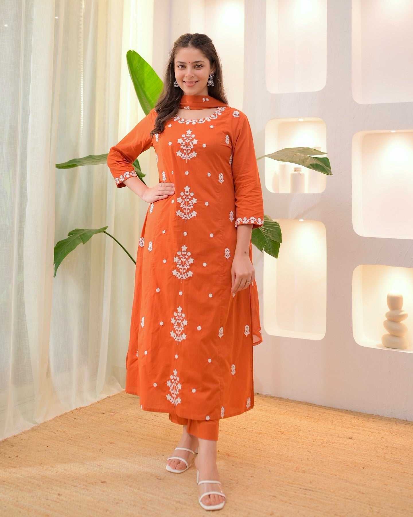 Orange Rayon Slub Kurta Pant Set With Heavy Thread Embroidery Work