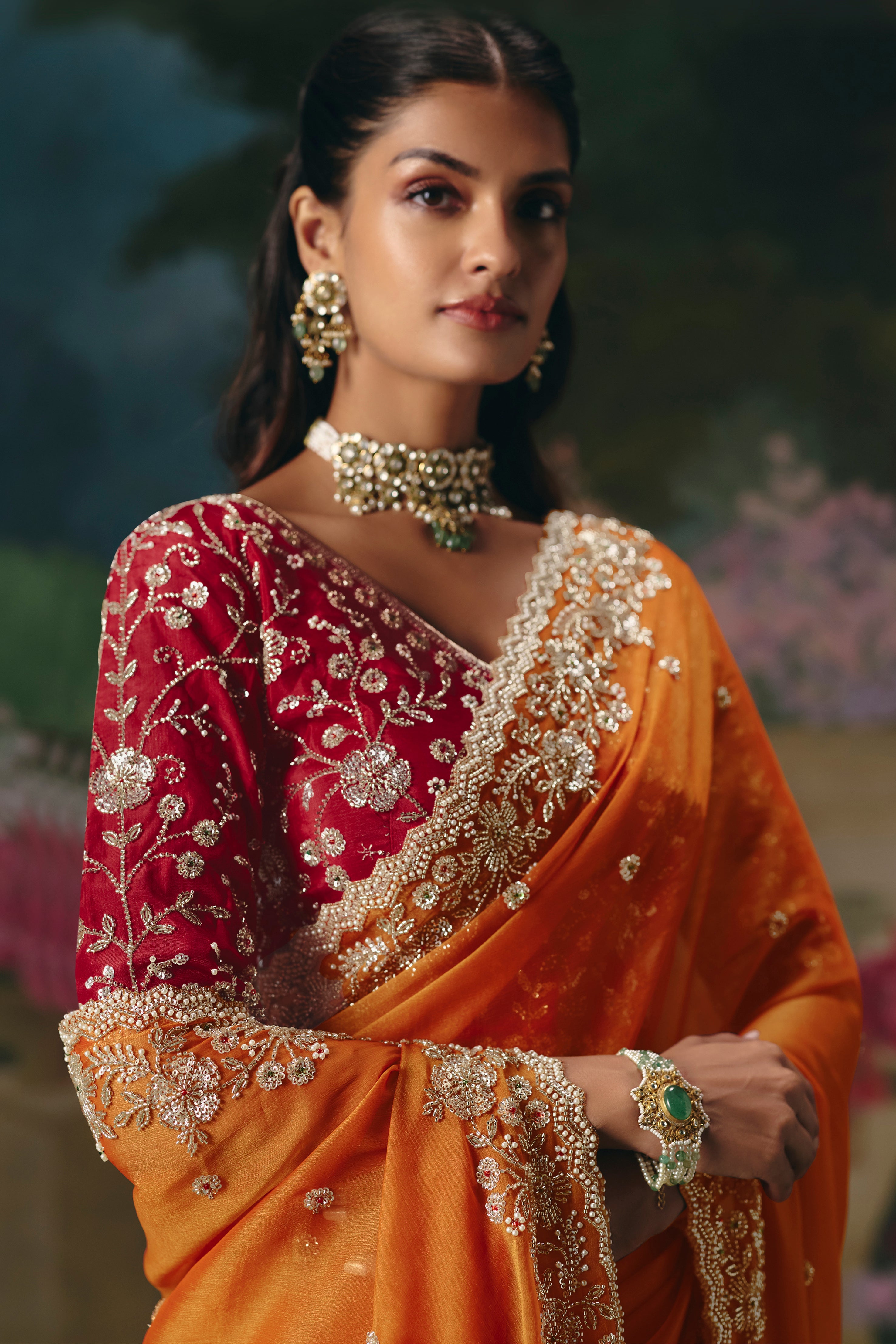 Orange Saree With Heavy Designer Embroidery, Sequince, Stone, With Beads Work