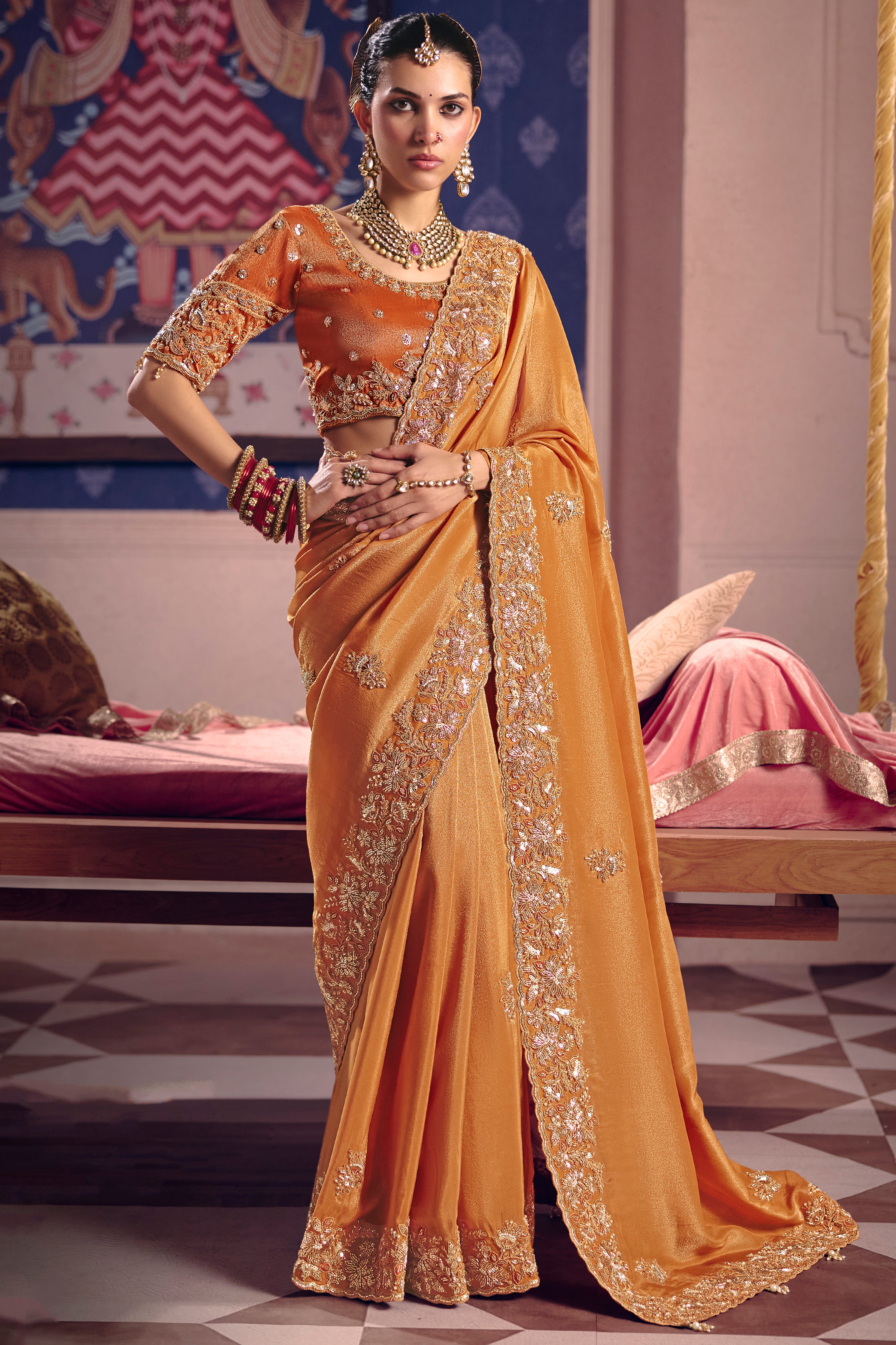 Orange Saree With Heavy Embroidery, Beads With Sequince Work