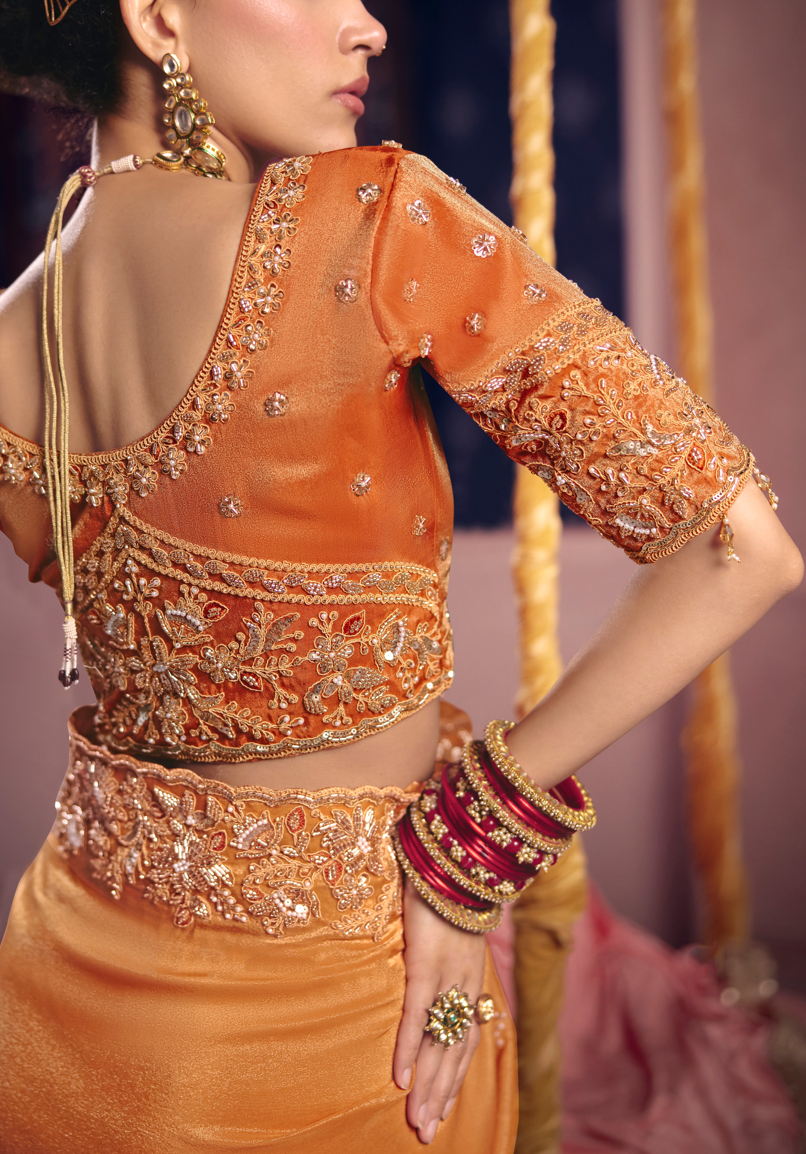 Orange Saree With Heavy Embroidery, Beads With Sequince Work