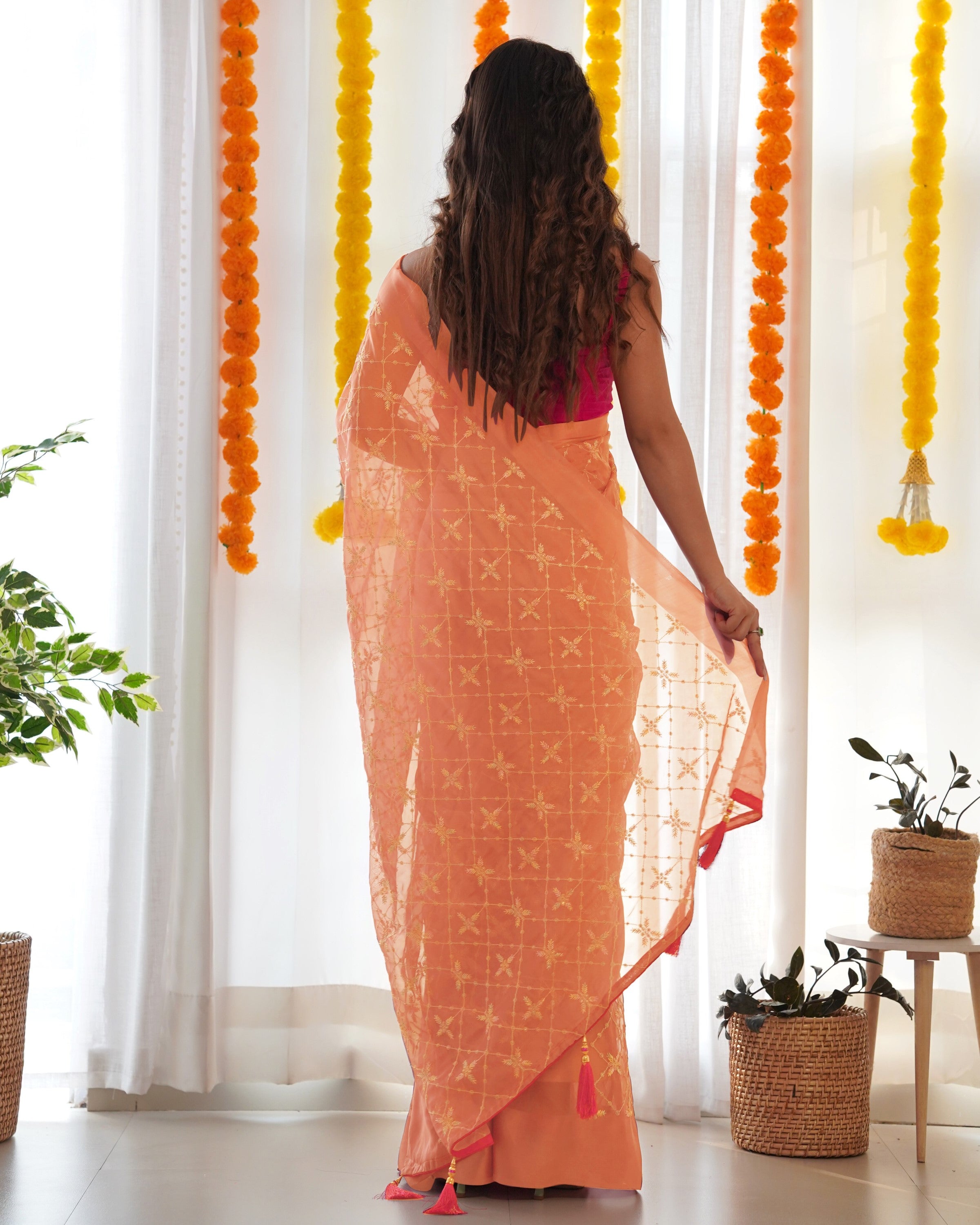 Orange Satin Georgette Fabric Designer Sequins Embroidery Work Ethnic Partywear Saree
