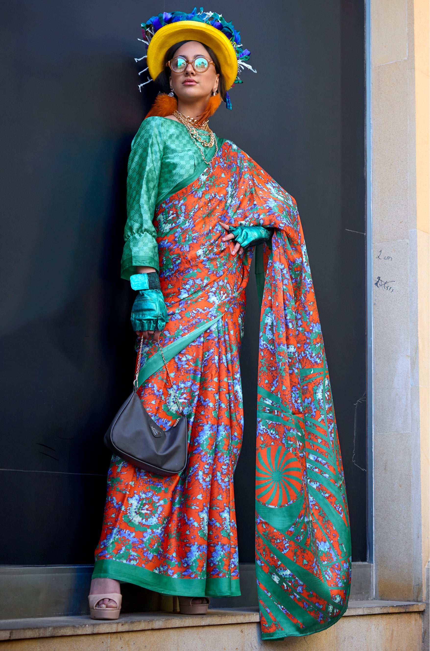 Orange Satin Saree With Digital Print
