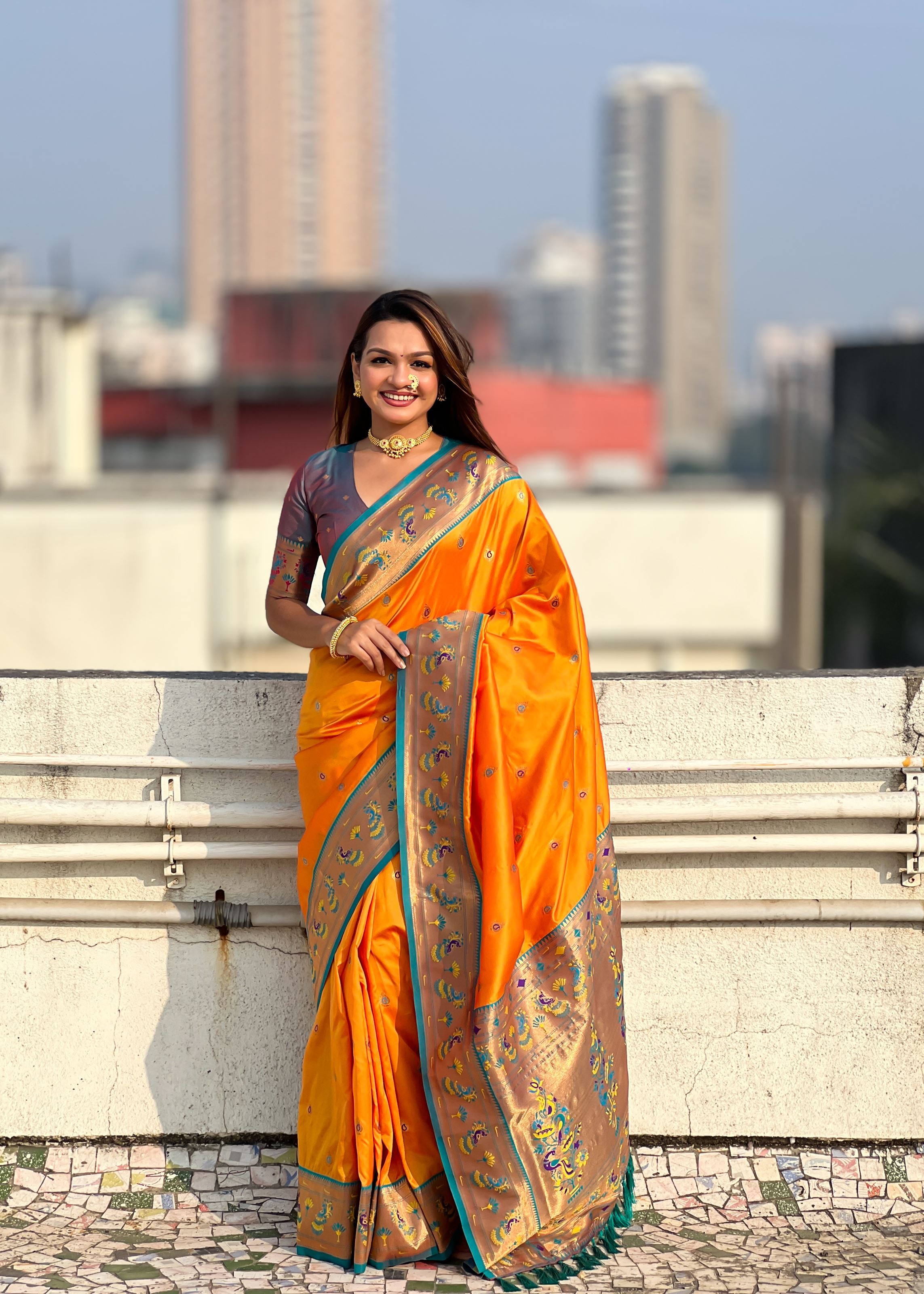 Orange Silk Blend Paithani Saree