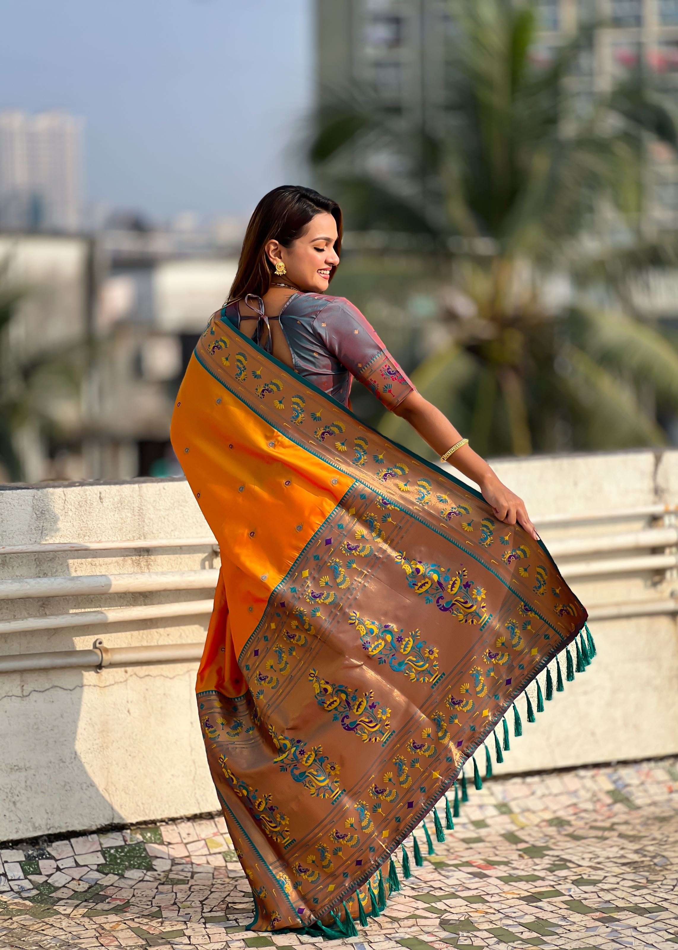 Orange Silk Blend Paithani Saree