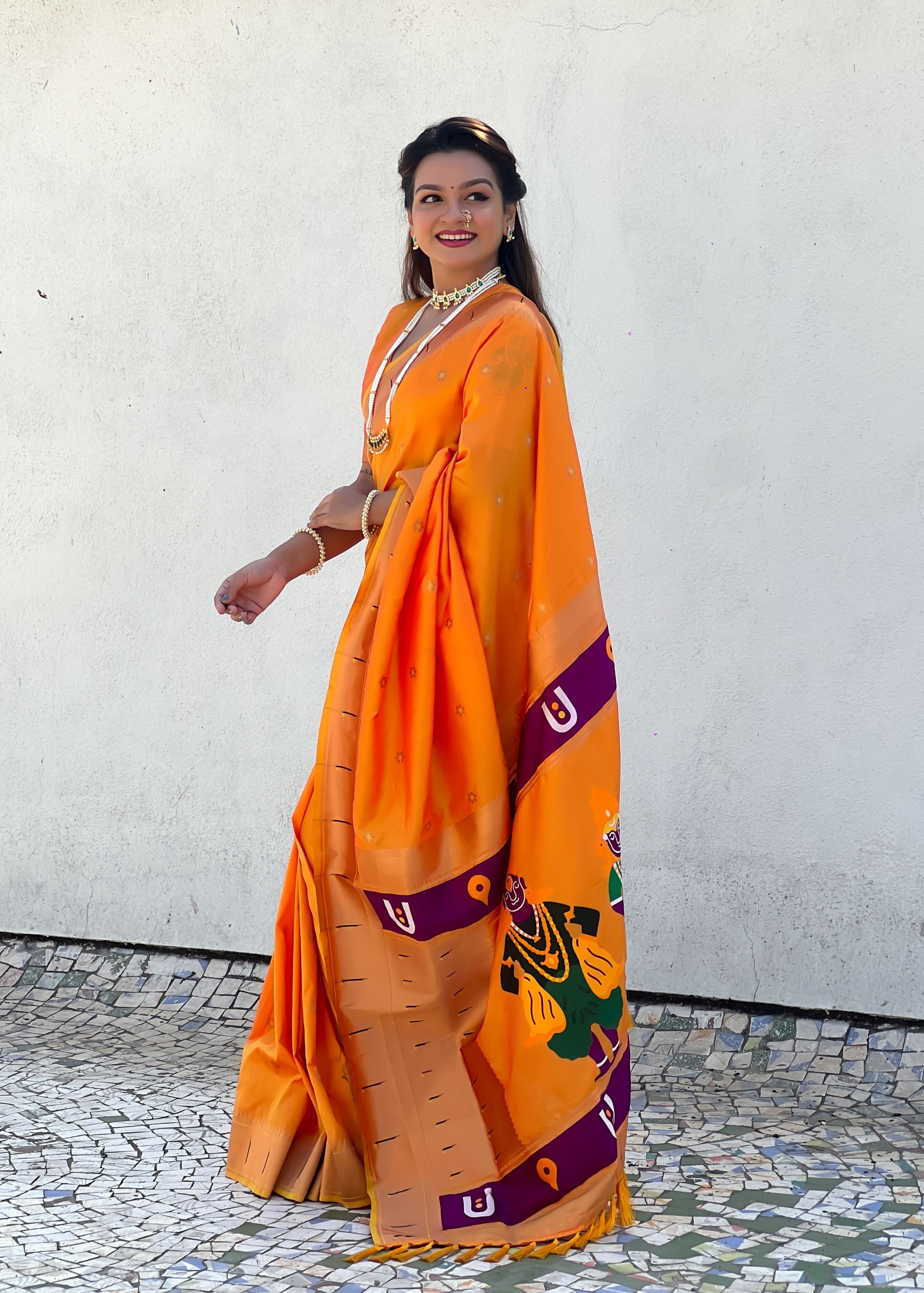 Orange Silk Blend Vitthala God Paithani Silk Saree