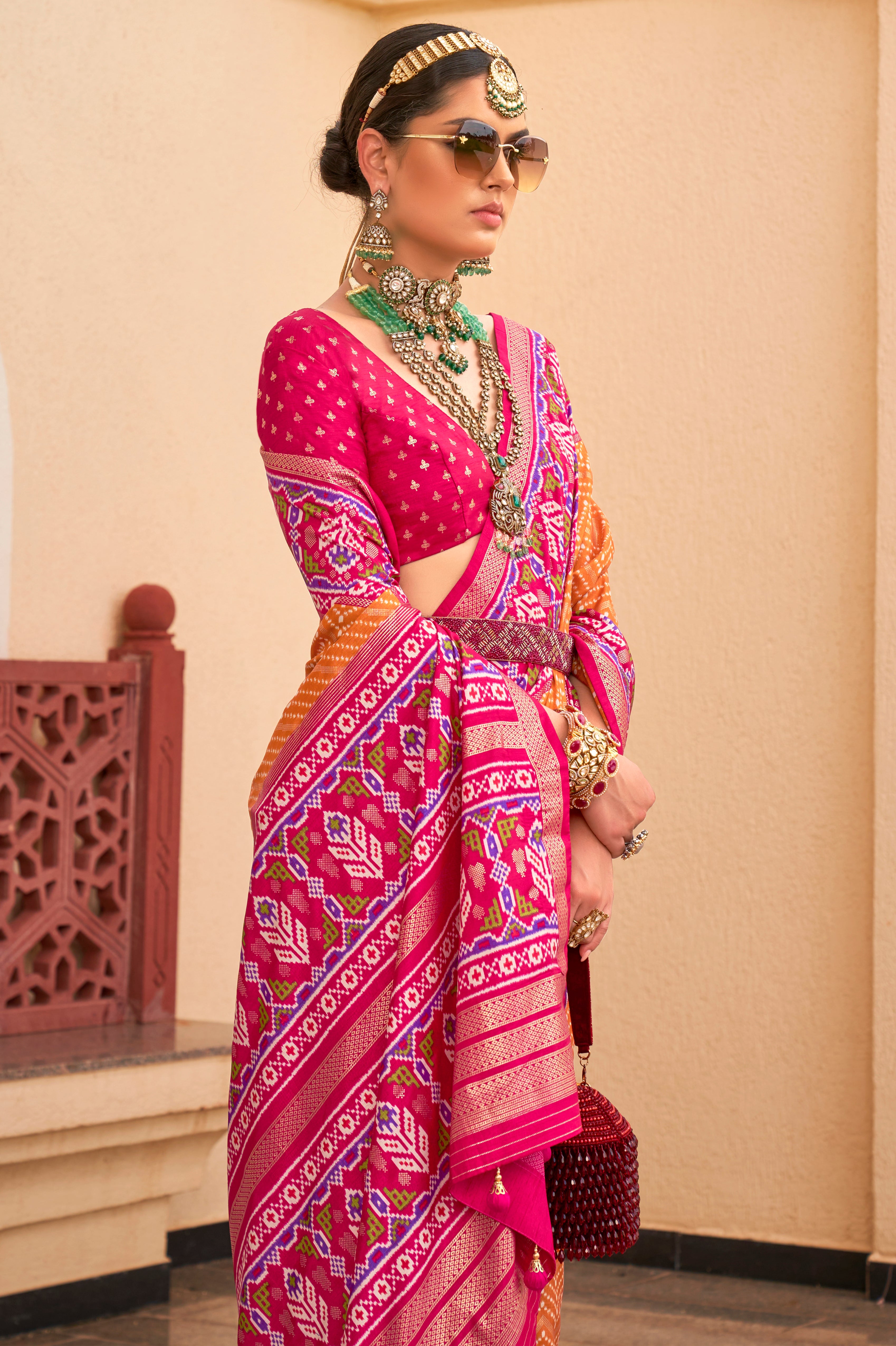Orange Silk Saree With Digital Patola Print