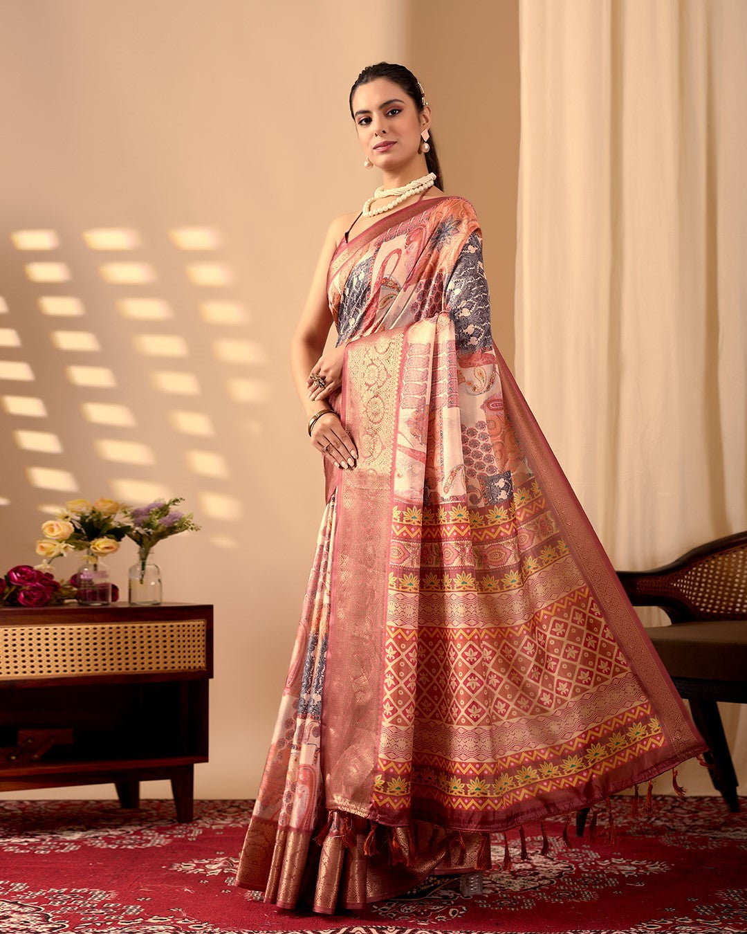 Orange Soft Lichi Silk Saree With Digital Printed Festive Traditional Saree