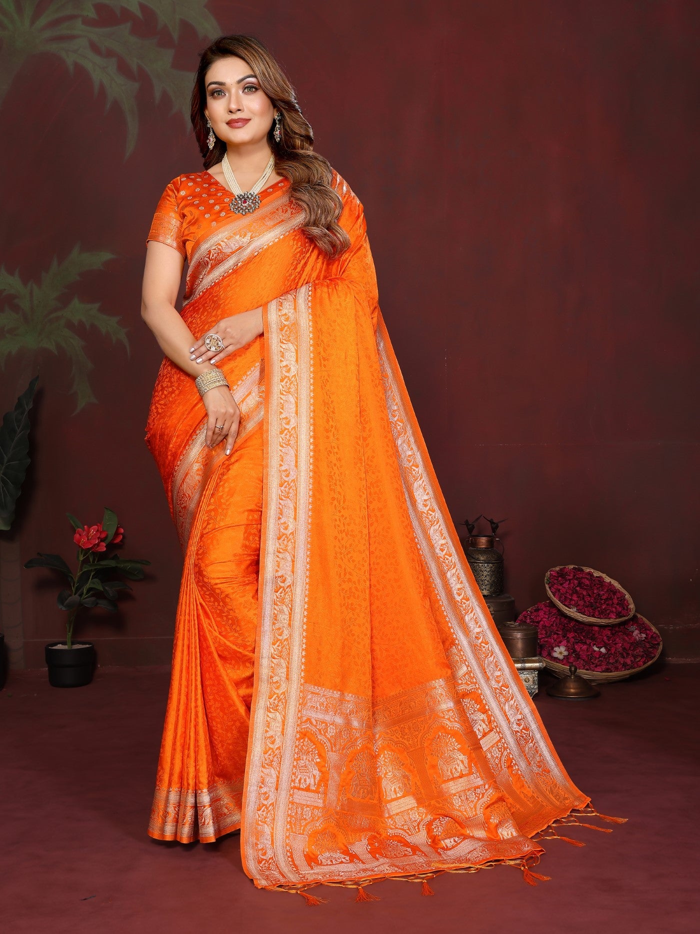 Orange Soft Satin Silk Saree With Elegant Zari Weaving